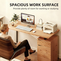 Kozy Computer Desk, Writing Desk with Cabinet, Drawer, Metal Legs, Work Table for Home Office Study, Natural Wood Finish