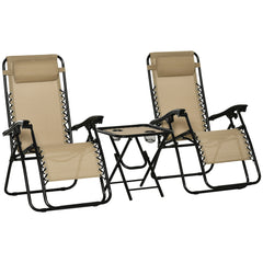 Kozy Folding Zero Gravity Chairs, 3 Pieces Adjustable Sun Lounger and Table Set with Cup Holder and Headrest, Patio Bistro Set with Reclining Garden Chairs for Outdoor, Beige