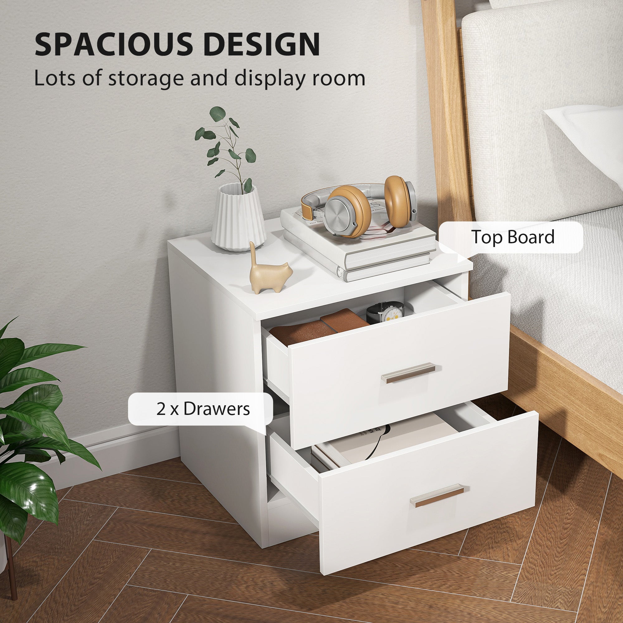 Kozy Modern Bedside Table, Beside Cabinet with 2 Drawers, for Bedroom, Living Room, White