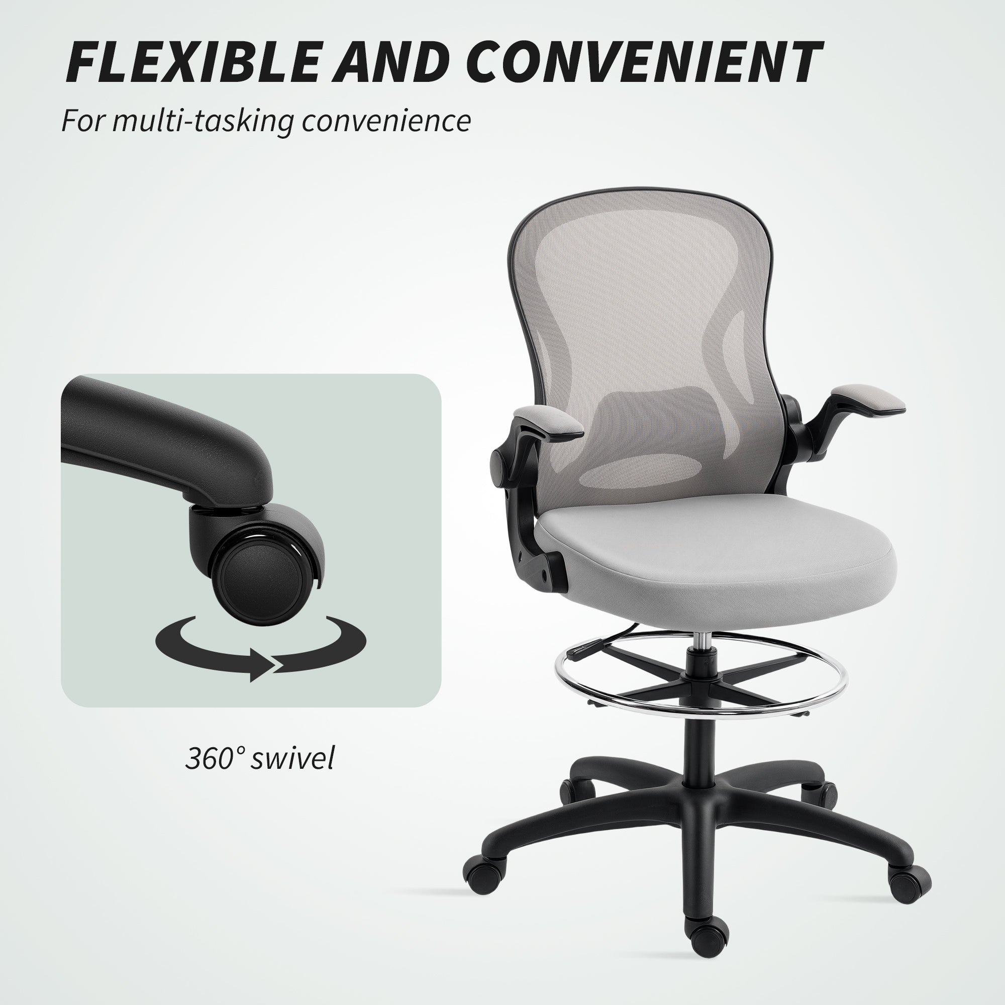 Kozy - Adjustable Mesh Standing Desk Chair with Flip-up Armrests Lumbar Support Armrests Adjustable Footrest Ring Grey