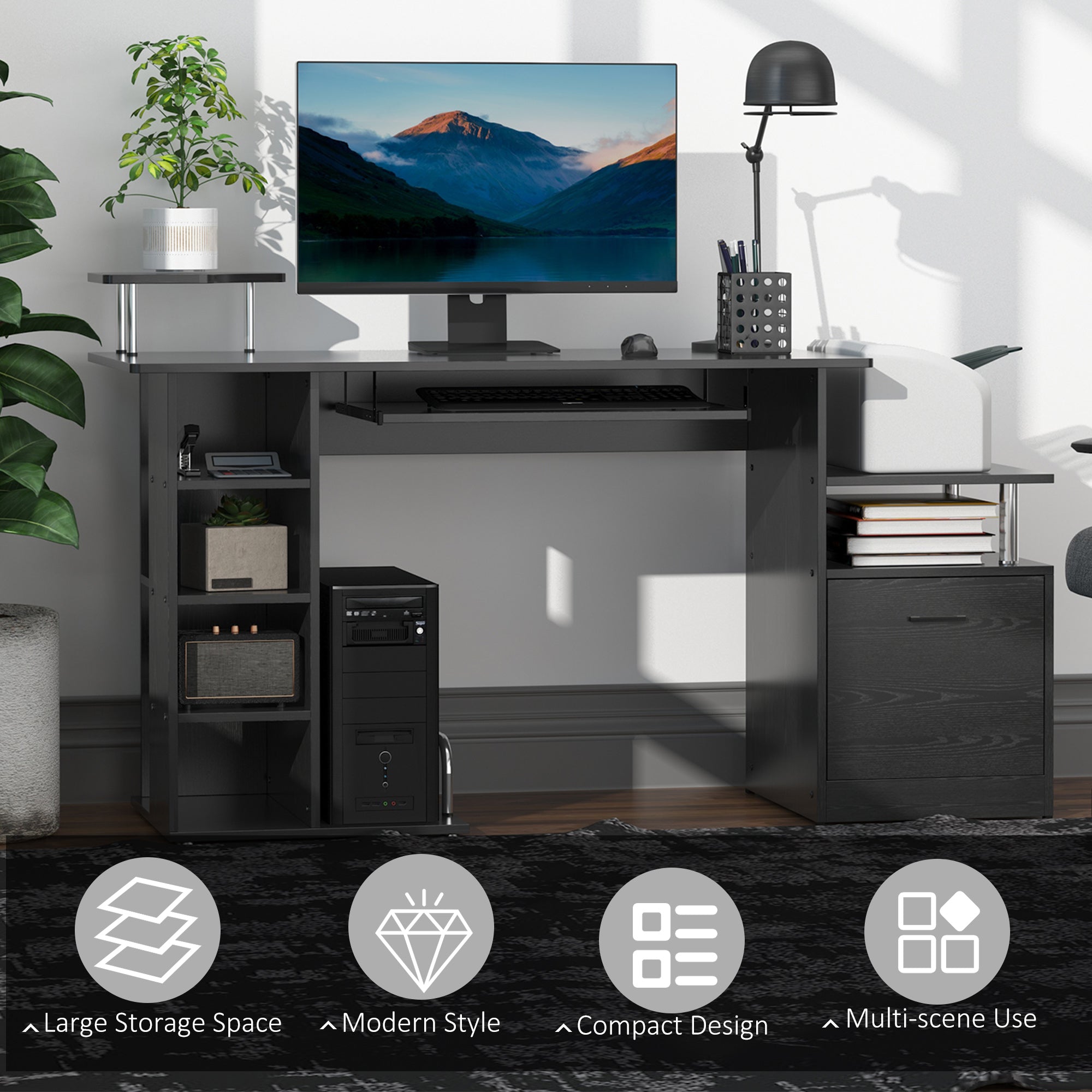 HOMCOM Computer Desk PC Workstation with Drawer Shelves CPU Storage Rack Home Office Furniture (BLACK) | Aosom UK