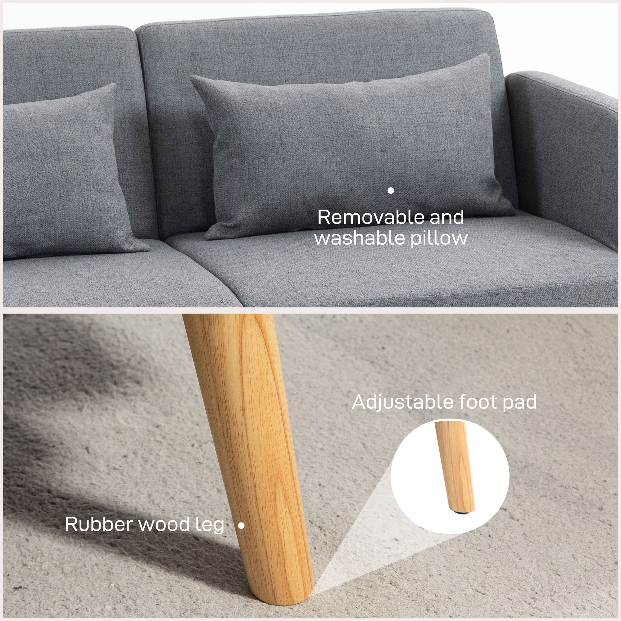 HOMCOM 3/2 Seater Sofa Bed, Convertible Bed Settee, Modern Fabric Loveseat Sofa Couch with 2 Cushions for Living Room, Guest Room, Grey