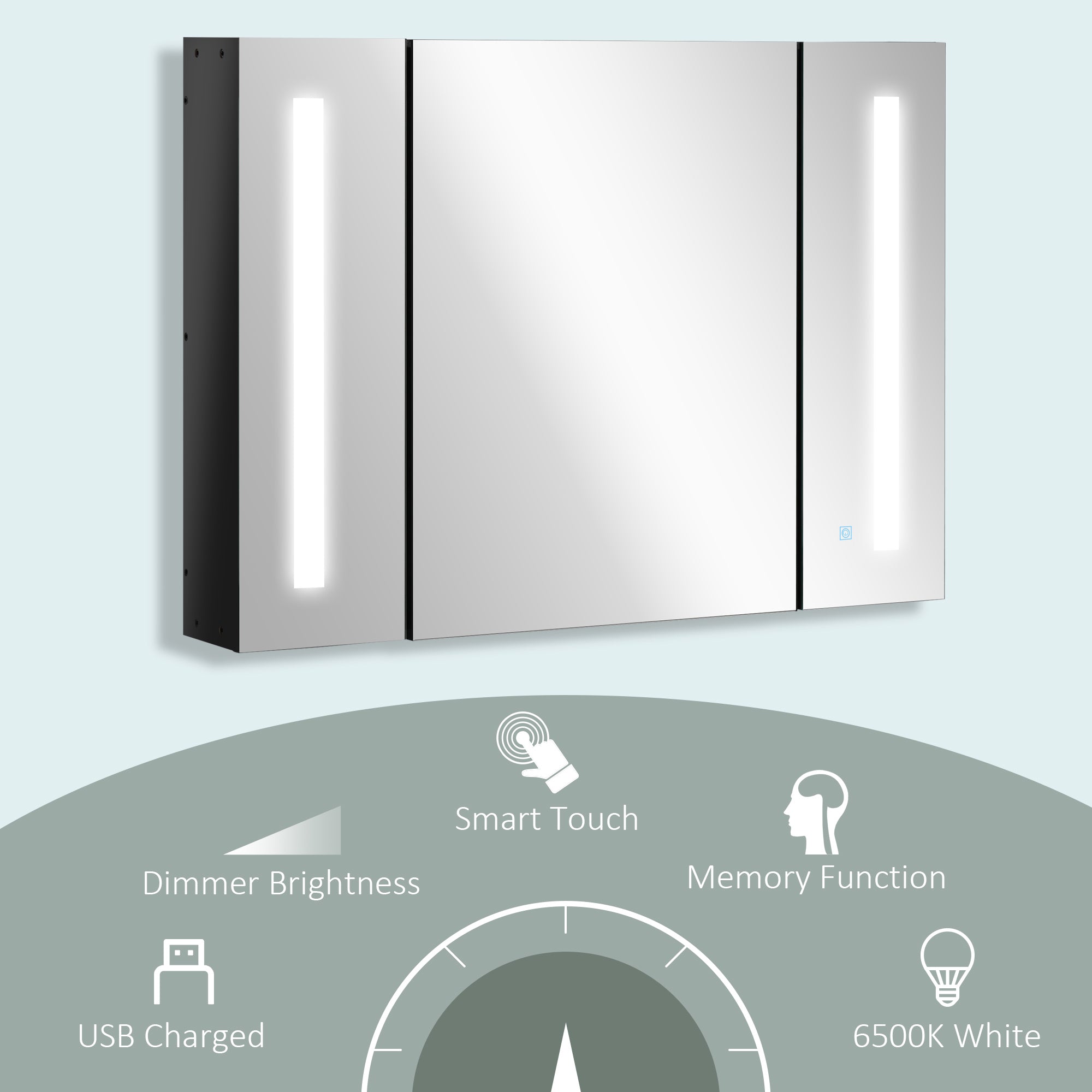 Kozy LED Bathroom Cabinet with Mirror, Wall Mounted Dimmable Brightness Storage Organiser with 3 Mirrored Doors and Adjustable Shelves, Memory Function, USB Charge, High Gloss Black