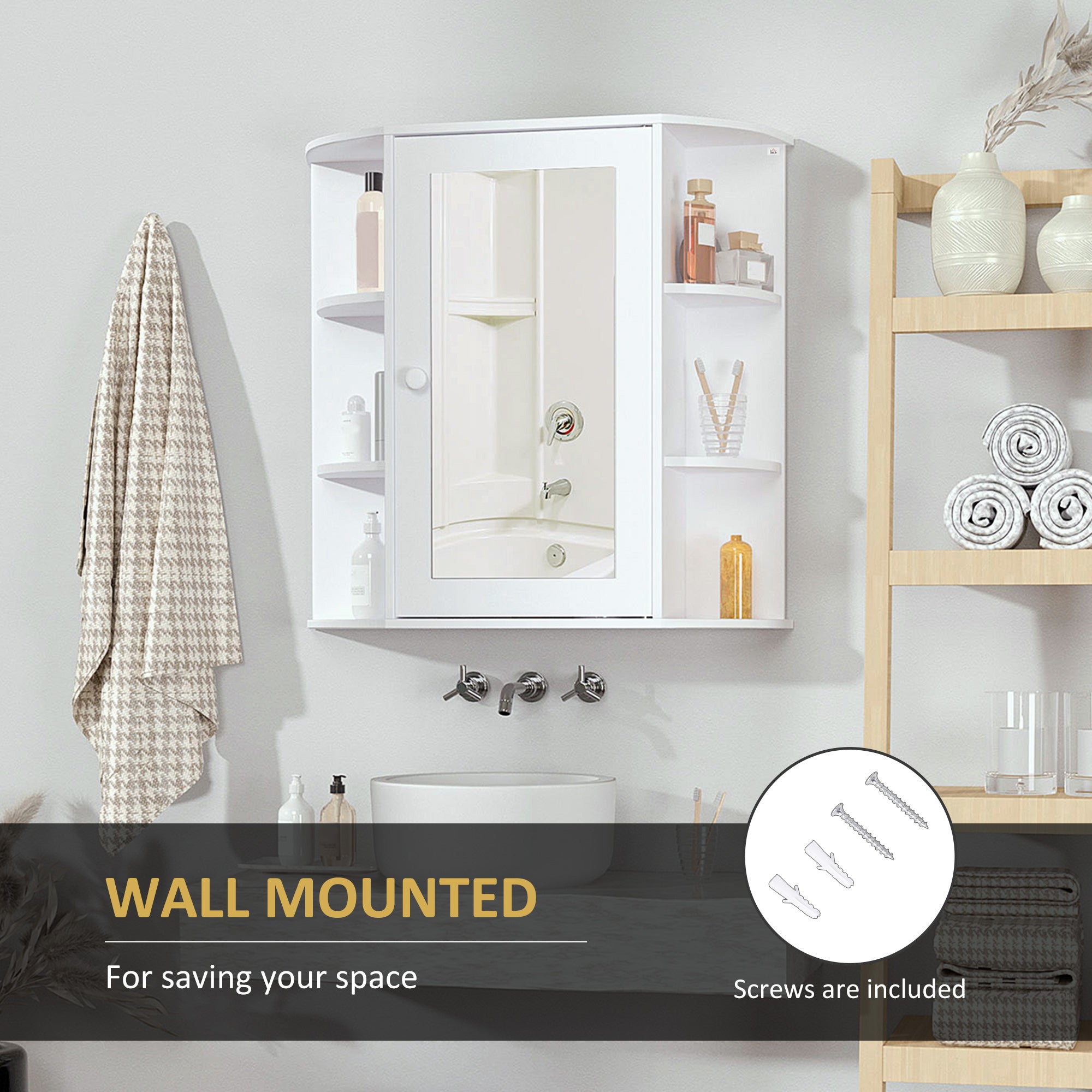 Kozy Wall Mounted Bathroom Cabinet with Mirror Single Door Storage Organizer 2-tier Inner Shelves White