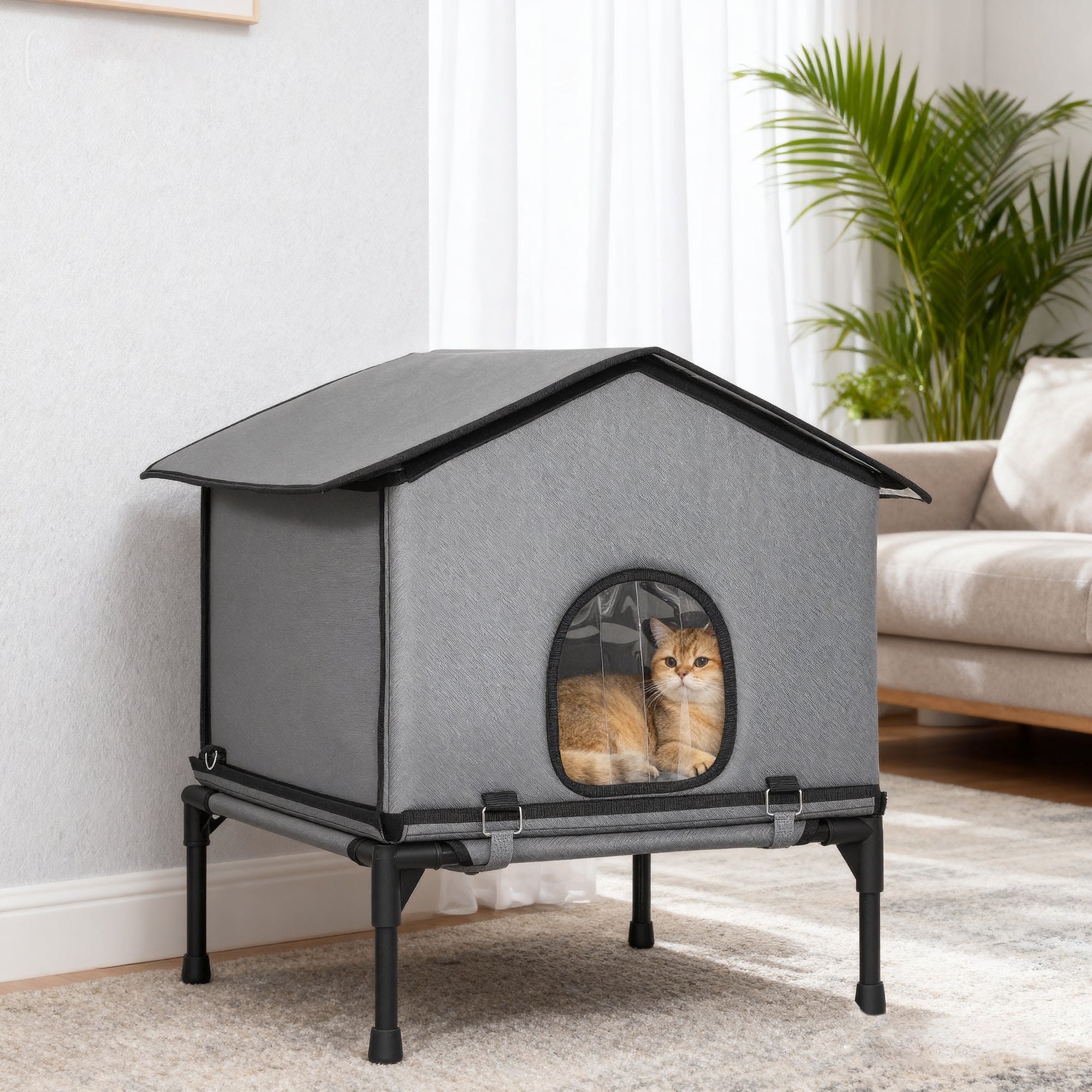Kozy Outdoor Cat House, Waterproof Insulated Cat Kennel with Elevated Base, Foldable Feral Kitty Shelter for Kittens, Grey
