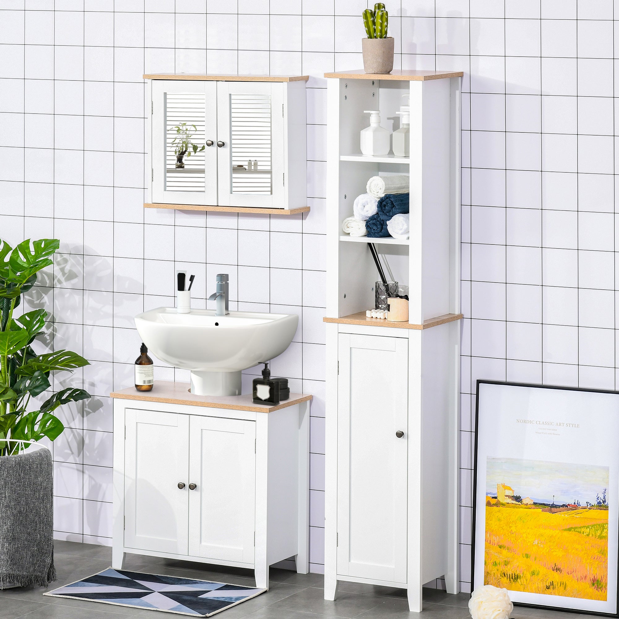 Kozy Under Sink Cabinet, Bathroom Sink Cabinet with 2 Doors, Pedestal Under Sink Design, Freestanding Bathroom Cupboard with Adjustable Shelf, White