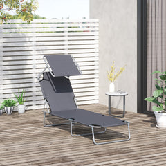 Outsunny Reclining Chair Sun Lounger Folding Lounger Seat with Sun Shade Awning Beach Garden Outdoor Patio Recliner Adjustable (Grey)