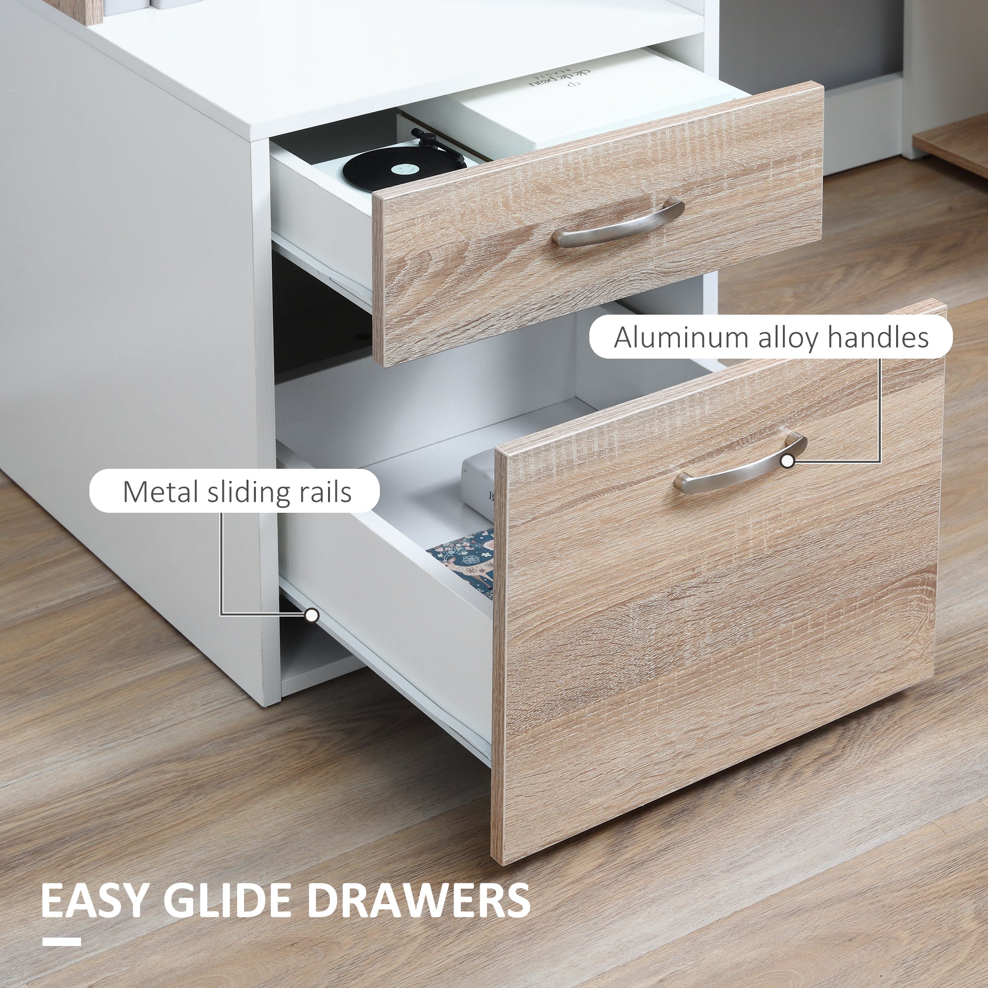 Kozy Computer Desk with Drawers and Storage Shelves, Office Desk Writing Table with Printer Stand, Large Workstation for Study Play Work Home Office, 137 x 55 x 92cm, Oak