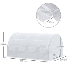 Kozy 4 x 3 x 2 m Polytunnel Greenhouse with Roll-up Side Walls, Walk-in Grow House Tent with Steel Frame, Reinforced Cover, Zipped Door and 12 Mesh Windows for Garden, White