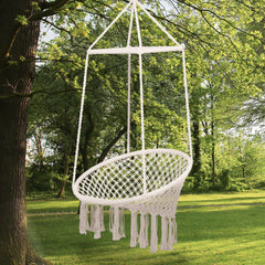 Outsunny Hammock Macrame Swing Chair Hanging Seat Rope Tassels Indoor Outdoor Garden Solid Knitted Woven Net Seat Deck Porch Yard Beige