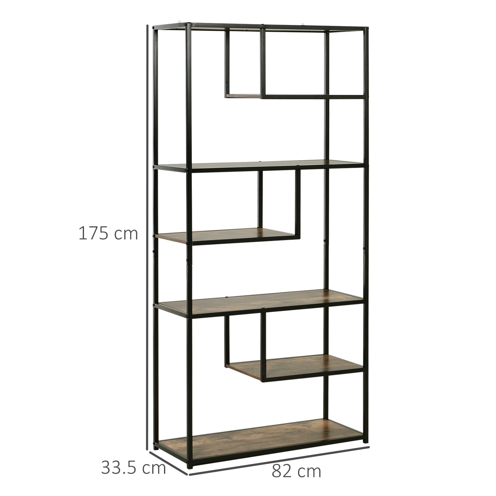 Kozy 6 Tier Bookcase, Industrial Tall Shelf Unit with Steel Frame for Home Office, Study, Living Room, Hallway, 82 x 33.5 x 175 cm, Rustic Brown and Black