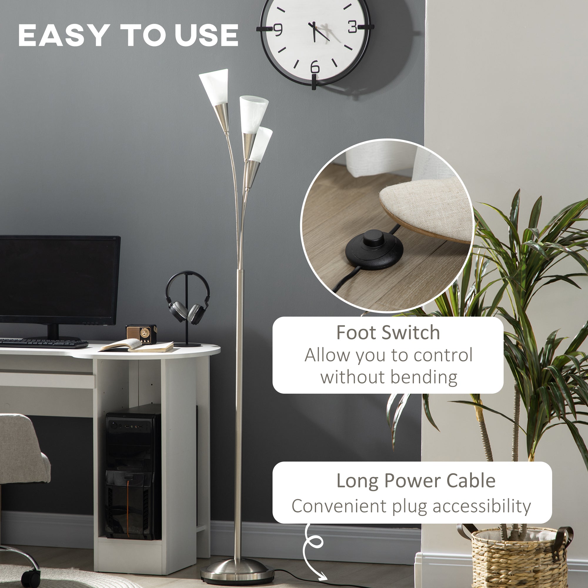 Kozy 3-Light Upright Floor Lamps for Living Room, Modern Standing Lamp for Bedroom with Steel Base, Bulb not Included, Silver