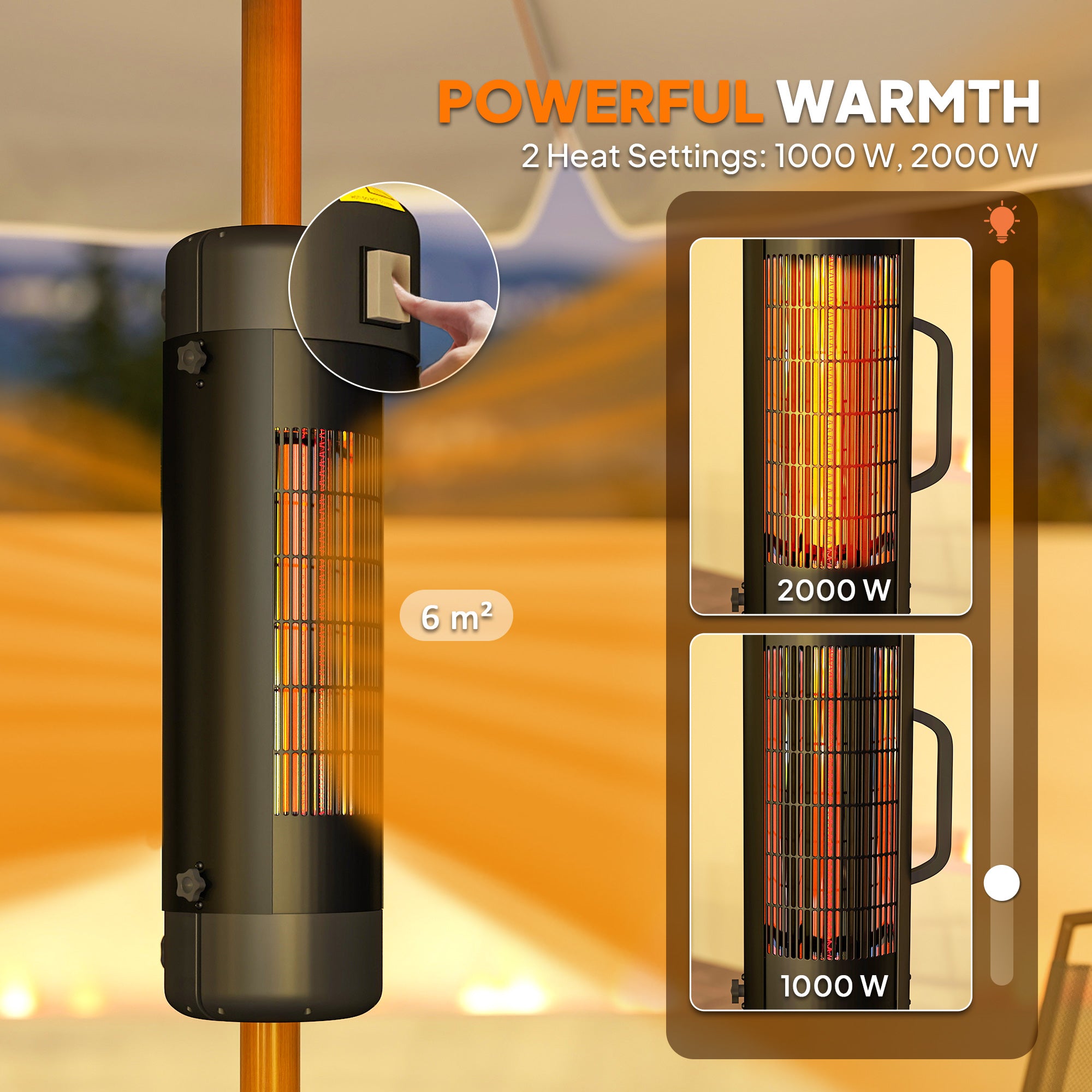 Kozy - Electric Umbrella Parasol Mounted Patio Heater for 25-70 mm Poles, 2000 W Outdoor Garden Heater with 2 Heat Setting, 6 ㎡ Coverage, Tip-Over Protection, Black