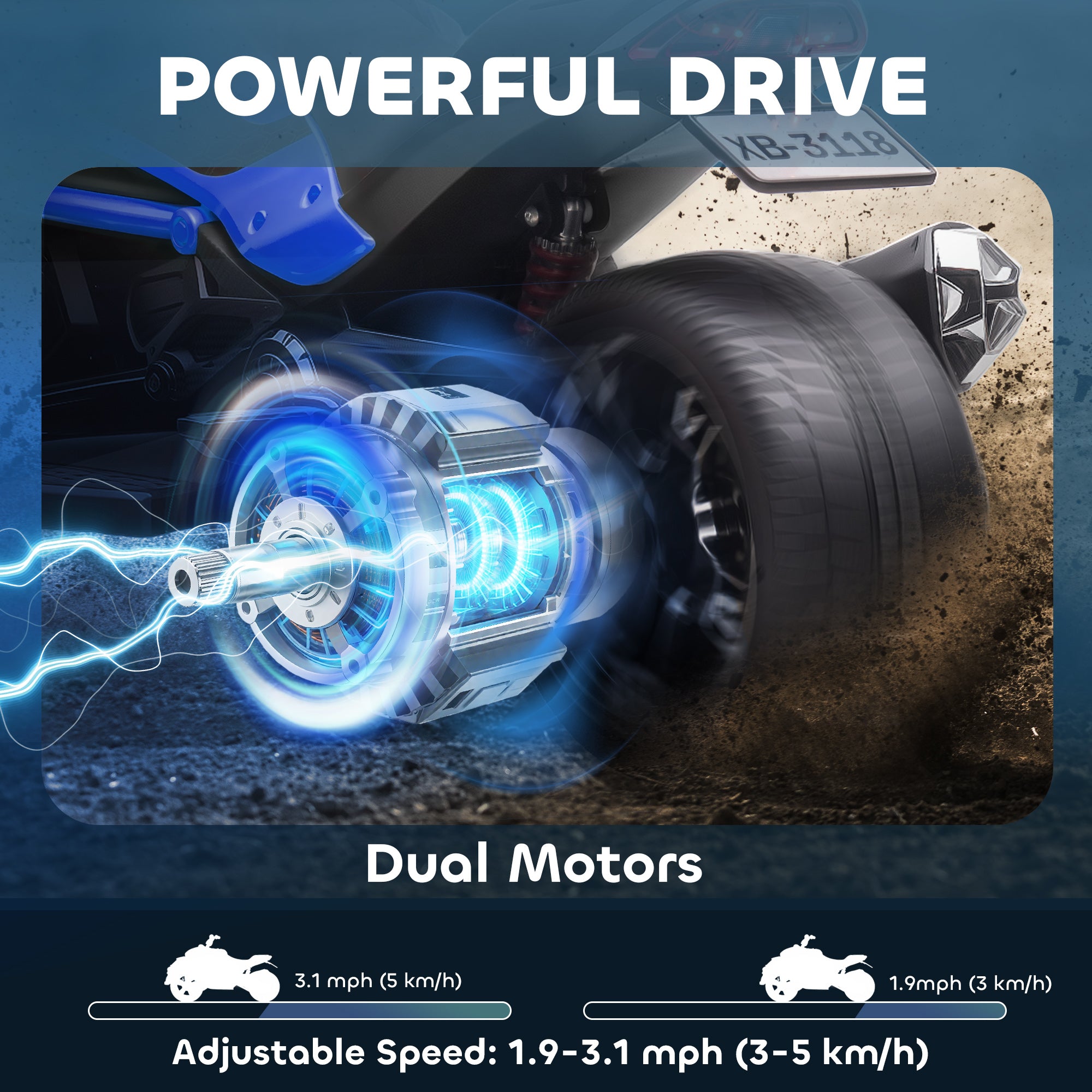 AIYAPLAY 12V Kids Electric Ride On Car with 3 Wheeler, MP3 Player, Horn, 2 Speeds, LED Lights for Boys & Girls Ages 3-8, Blue