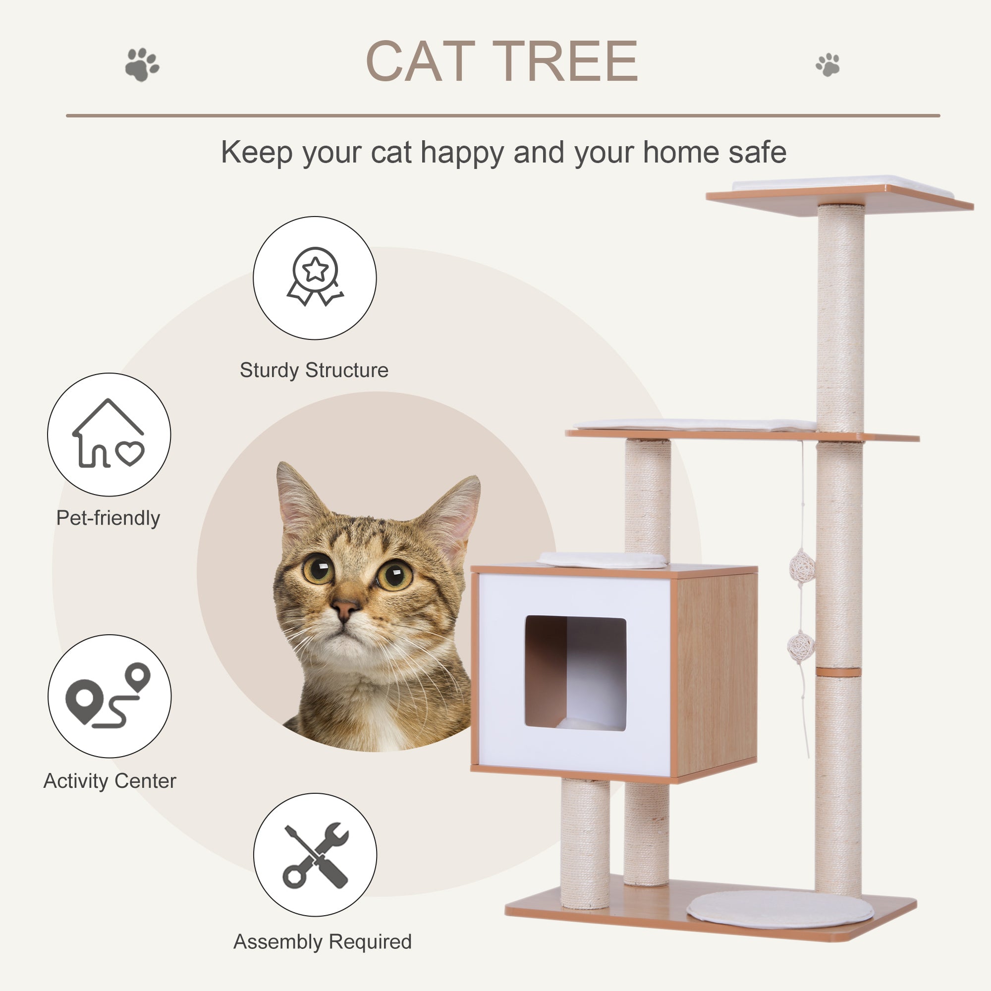 PawHut Wooden Cat Tree with Scratching Post, Multi