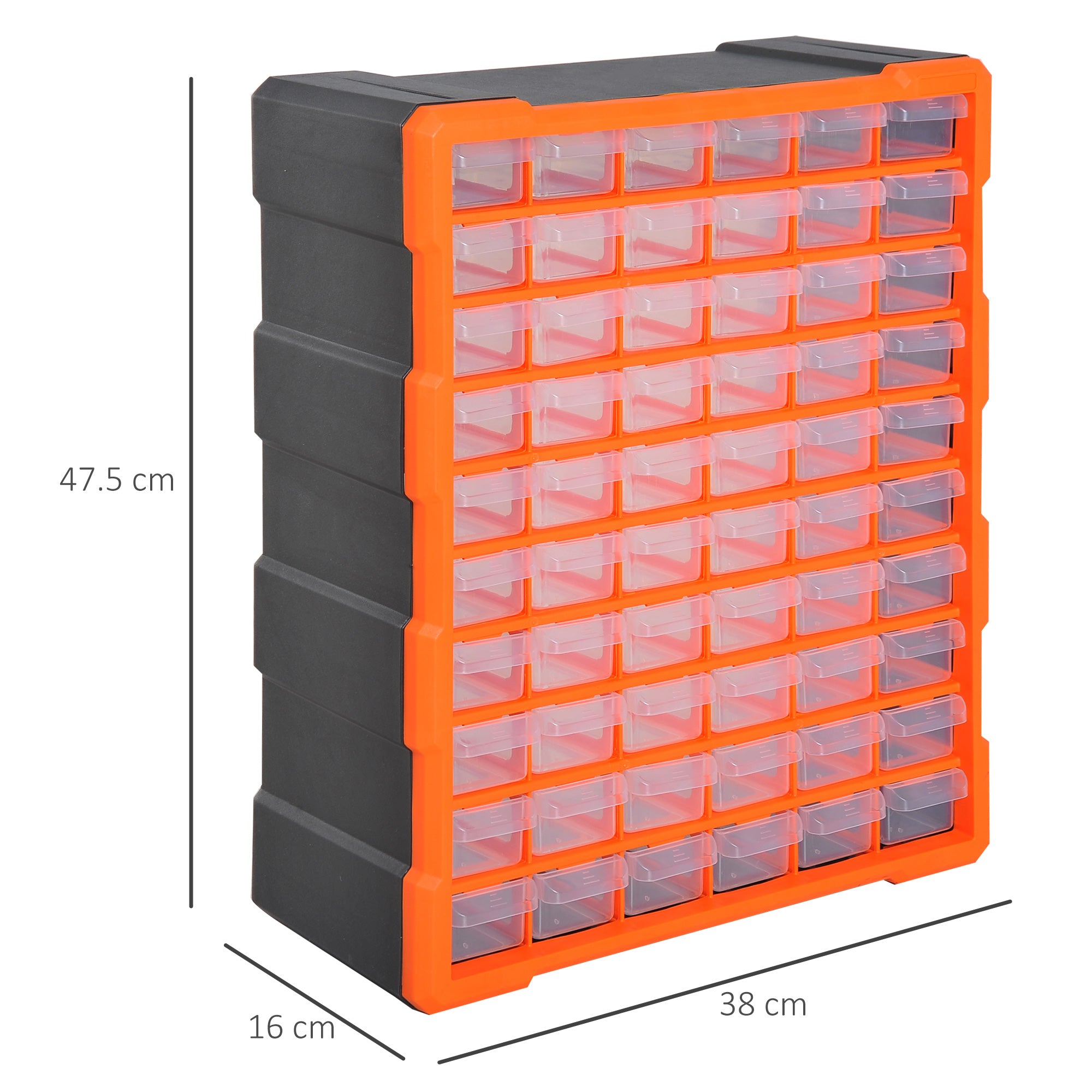 DURHAND Wall Mounted Storage Cabinet with 60 Drawers, Organiser for Garage, Workshop, Small Parts, Nuts, Bolts, Clear Orange