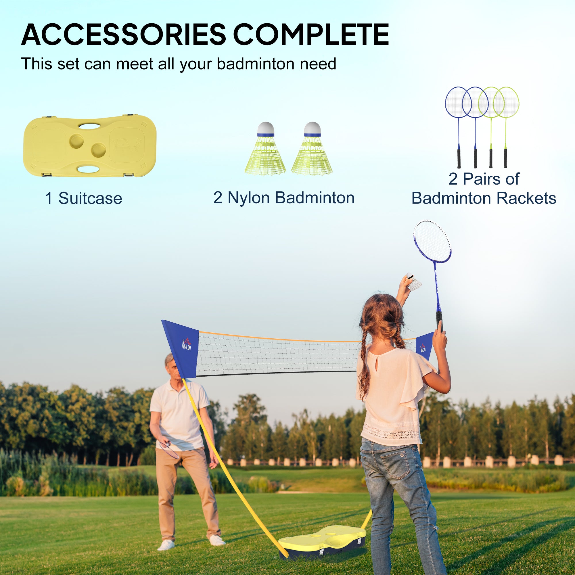 Kozy 2.8m Portable Folding Badminton Net Set with 4 Badminton Rackets and 2 Nylon Shuttlecocks, for Adults Kids Indoor Outdoor Exercise Training