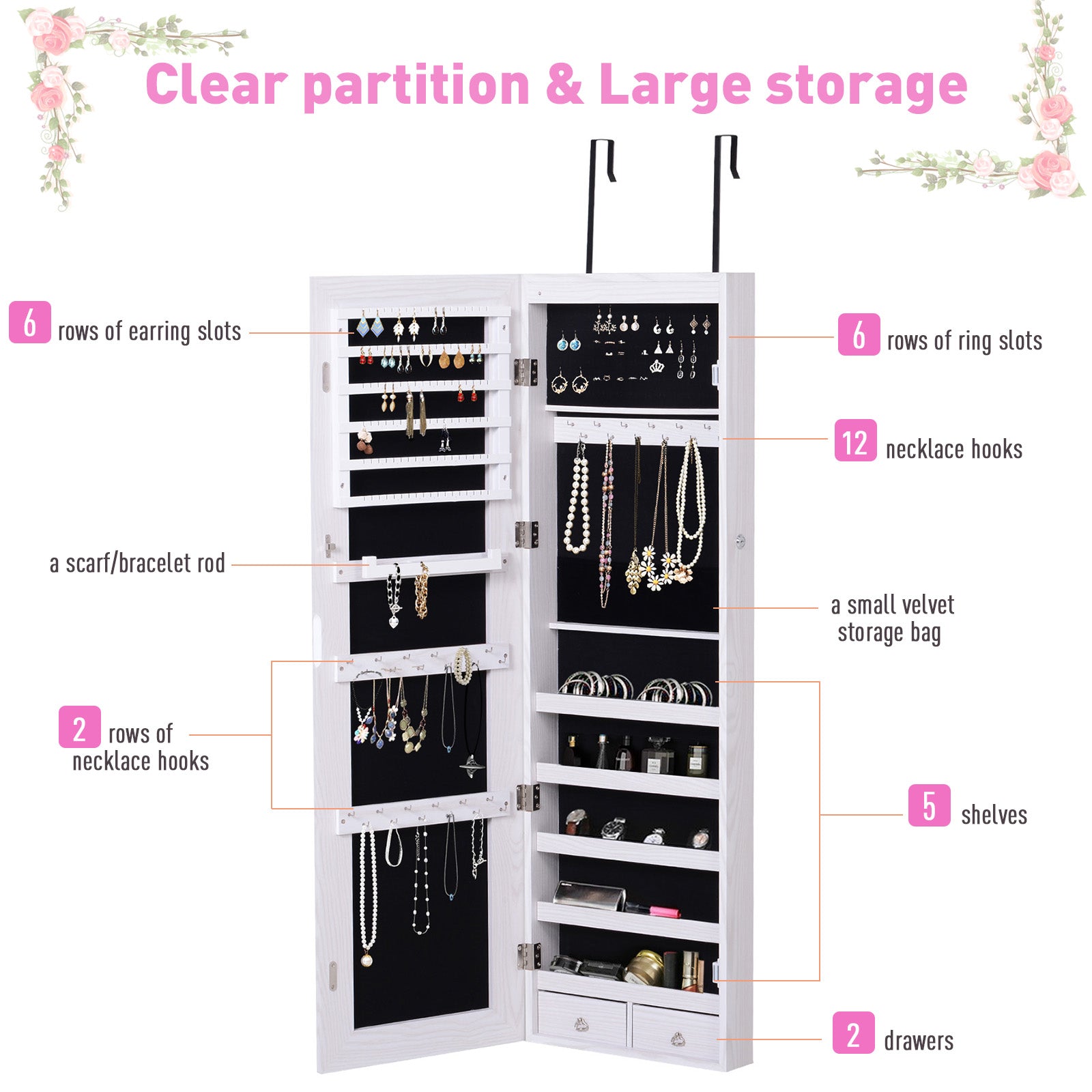 HOMCOM Mirrored Jewellery Cabinet, Door/Wall Mounted Organiser, Lockable with 6 LED Lights, White