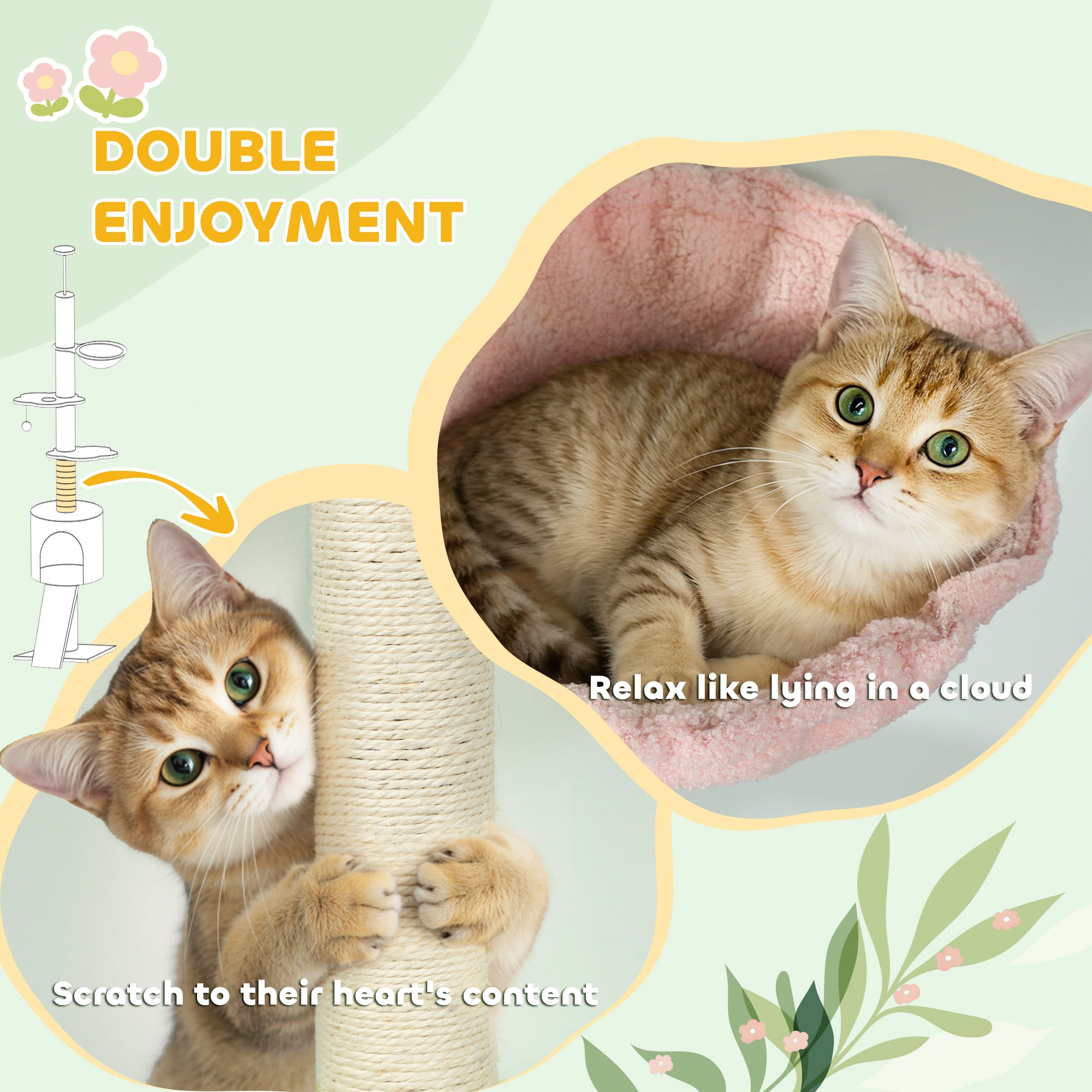 Kozy - 220-240 cm Floor to Ceiling Cat Tree Adjustable Height with Hammock, Condo, Scratching Posts, Green