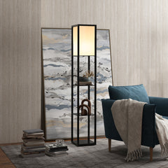 Kozy Floor Lamp with Shelves and Top Light, Modern Corner Standing Lamp with TC Fabric Lampshade for Living Room, Bedroom, Bulb not Included, Black