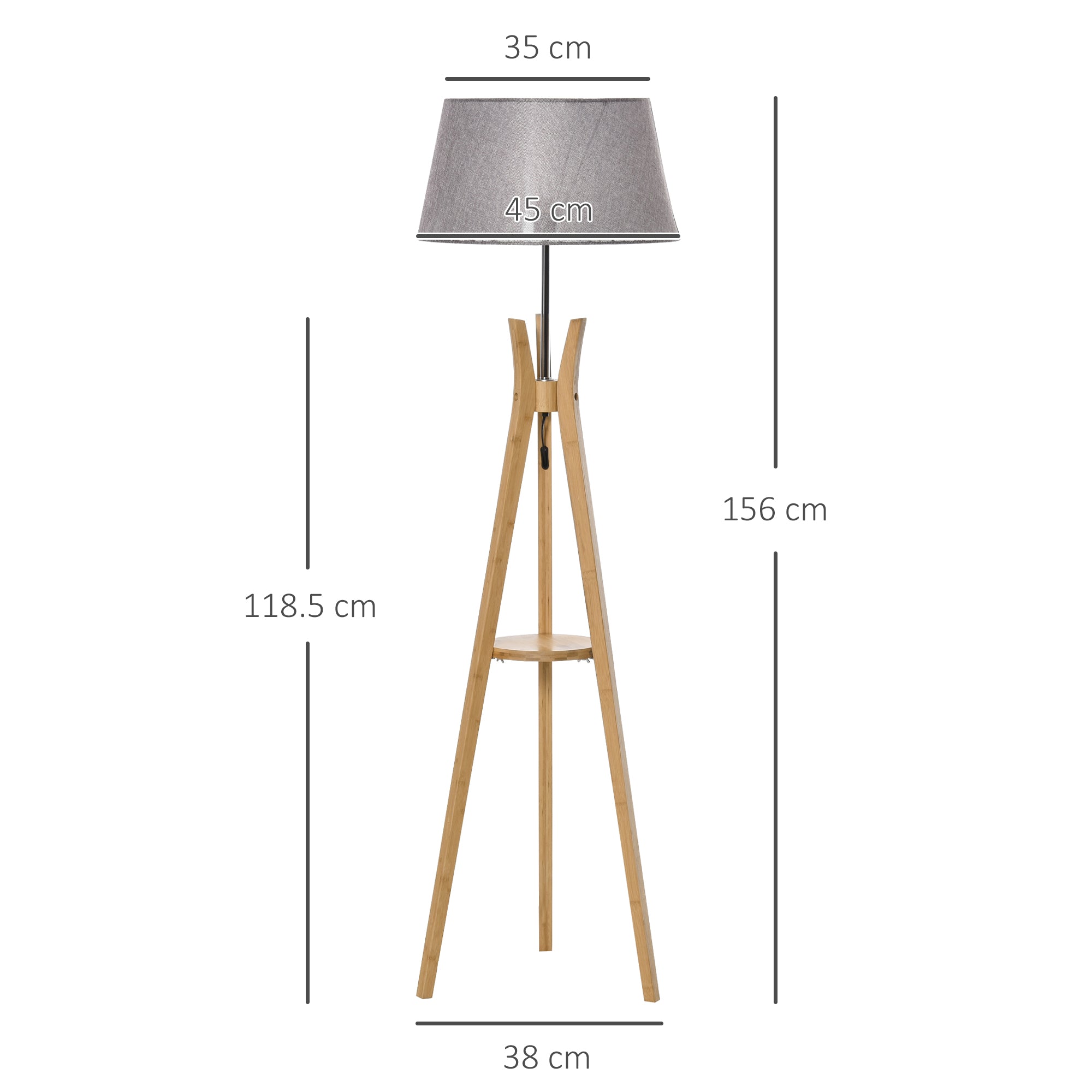 Kozy Natural Wood Tripod Floor Lamp Light E27 Base Bedroom Living Room Fabric Shade Storage Shelf Foot Switch, 156cm, Grey