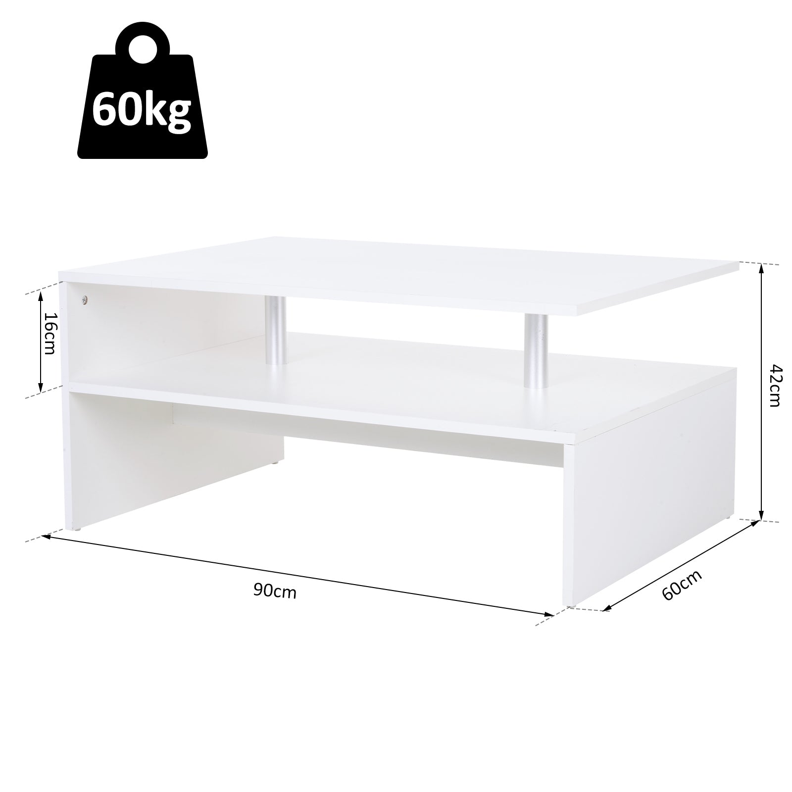 Kozy Coffee Table with Storage, 2-Tier Centre Table, Modern Living Room Table with Open Shelf and Aluminium Poles, White