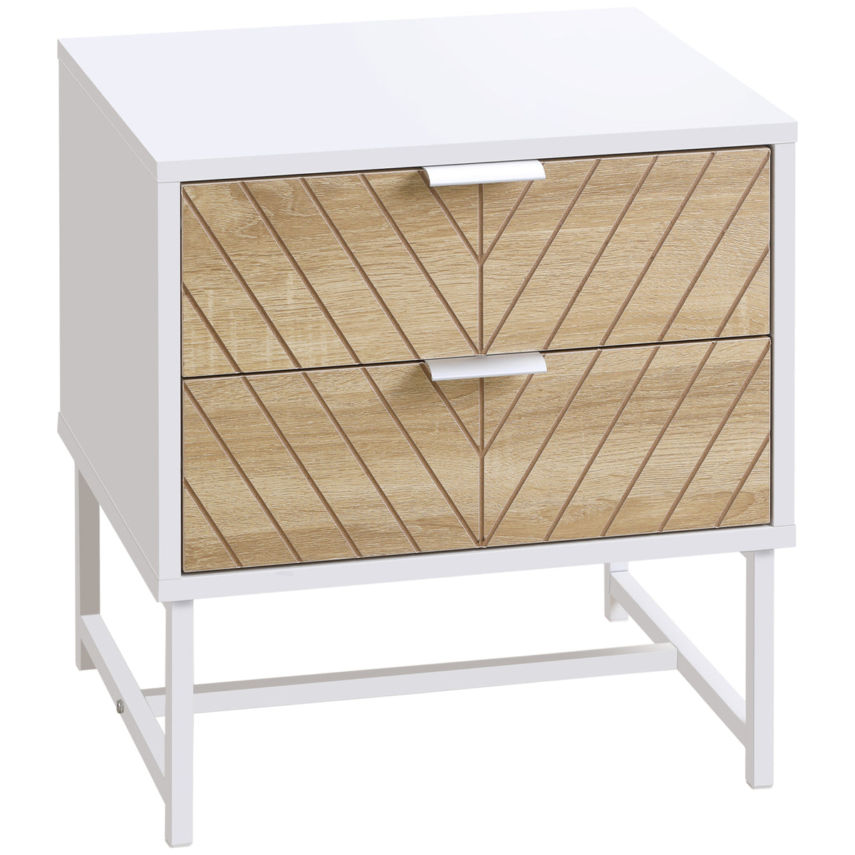 Kozy Modern Bedside Table with 2 Drawers and Metal Frame, Sofa Side Table for Bedroom Living Room, White and Oak