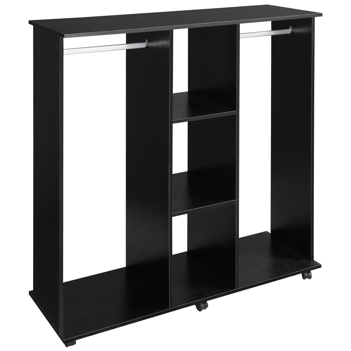 Kozy Open Wardrobe Double Mobile Storage Shelves Organizer W/6 Wheels-Black