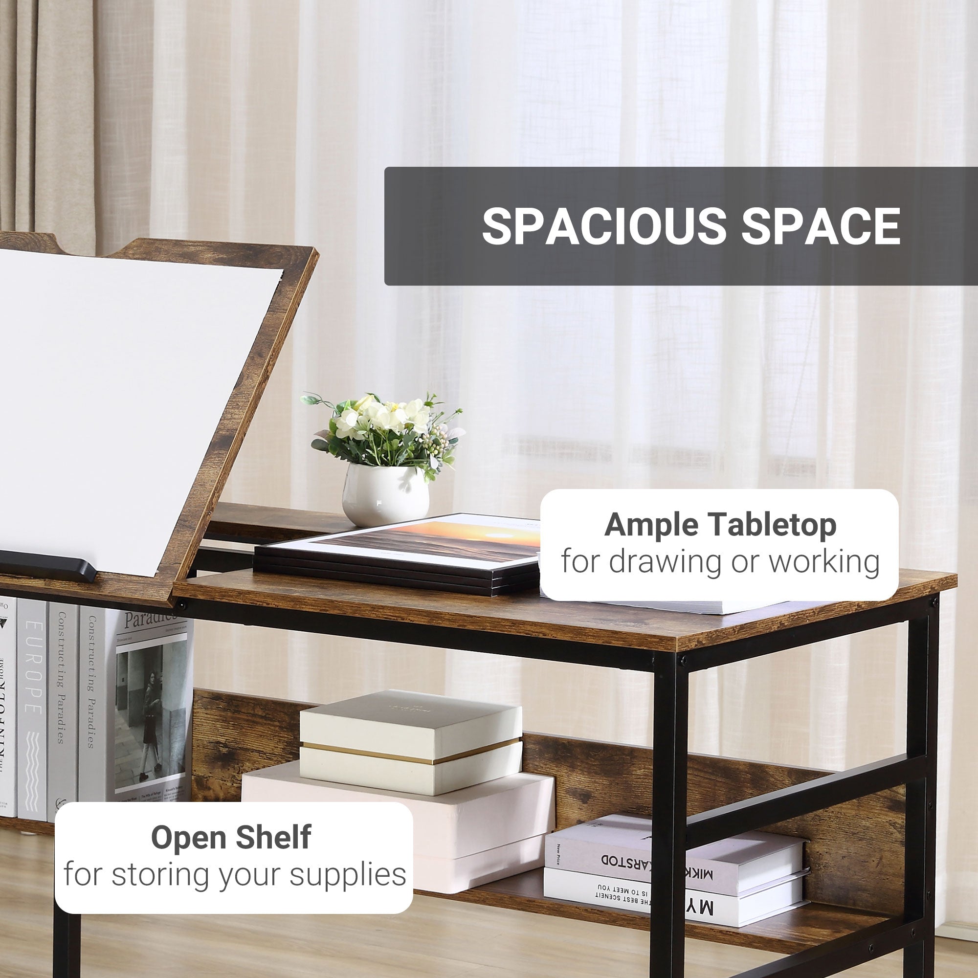 Kozy Adjustable Drafting Table Art Desk Drawing Table, Craft Desk Workstation for Painting, Multifunctional Writing Desk w/ 15-Level Tiltable Tabletop and Storage Shelf, Home Office, Rustic Brown