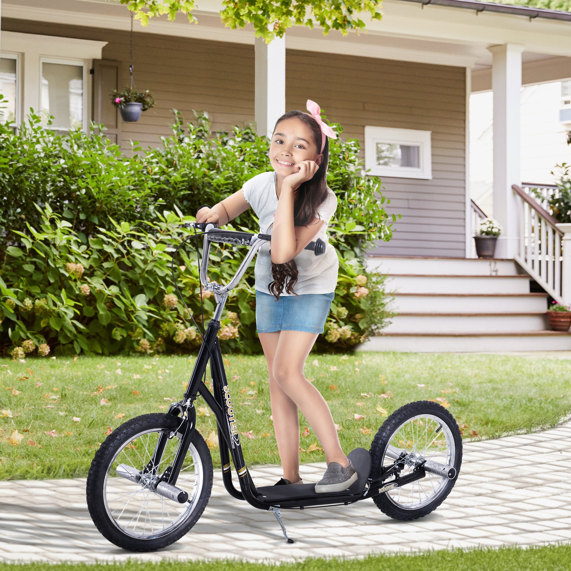 Kozy Stunt Scooter, Kids Scooter with 16" Big Wheels, Adjustable Height, Dual Brakes, for Ages 5+ Years, Black