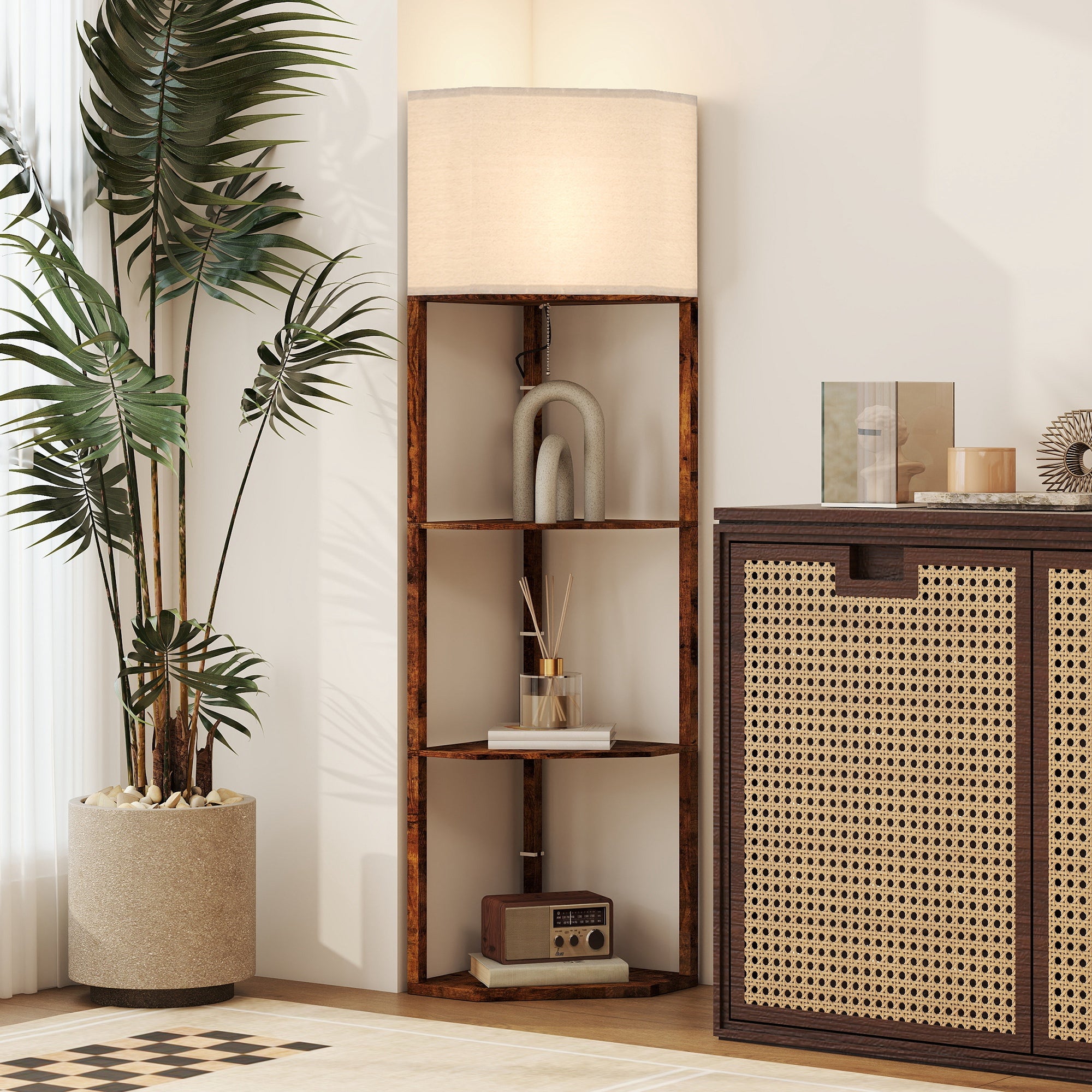 Kozy Corner Floor Light, with Shelves - Wood-Effect