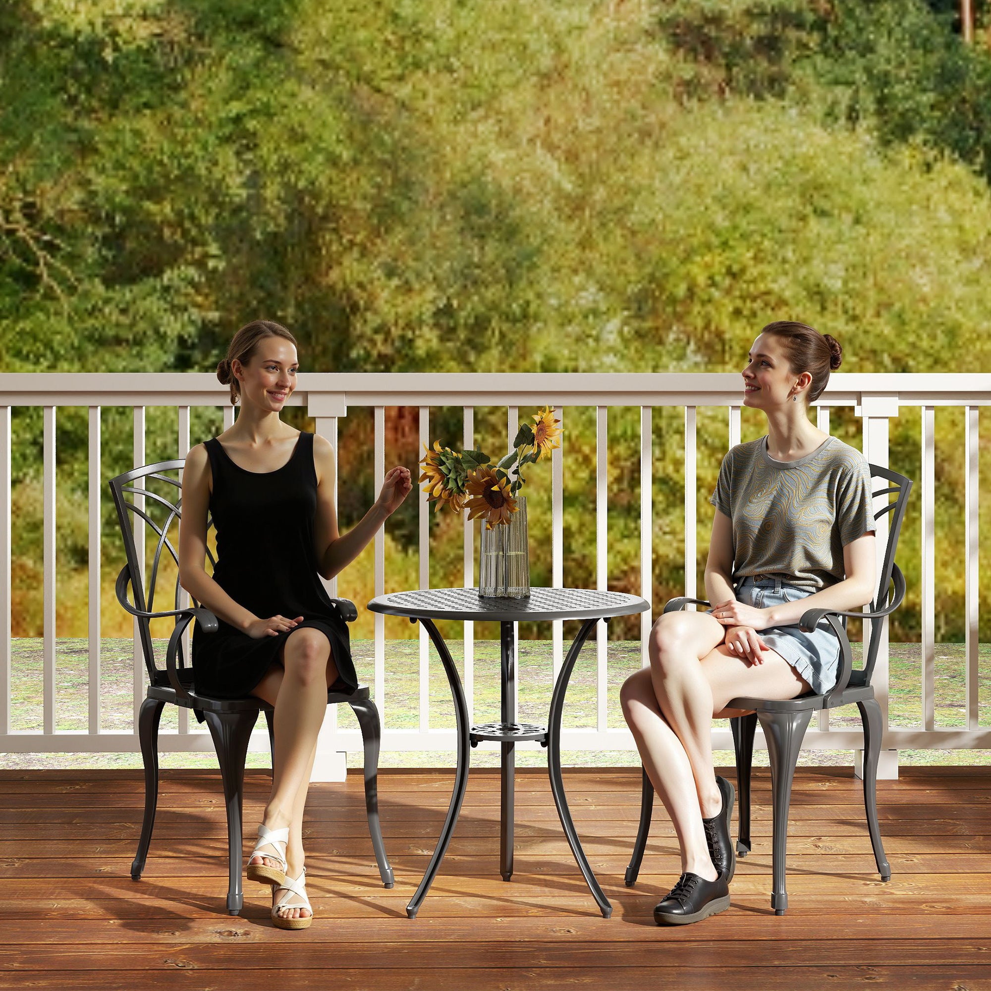 Kozy 3 Pieces Garden Dining Set for 2, Cast Aluminium Outdoor Dining Set with 2 Armchairs and Round Dining Table with Parasol Hole, Garden Furniture Set, Brown