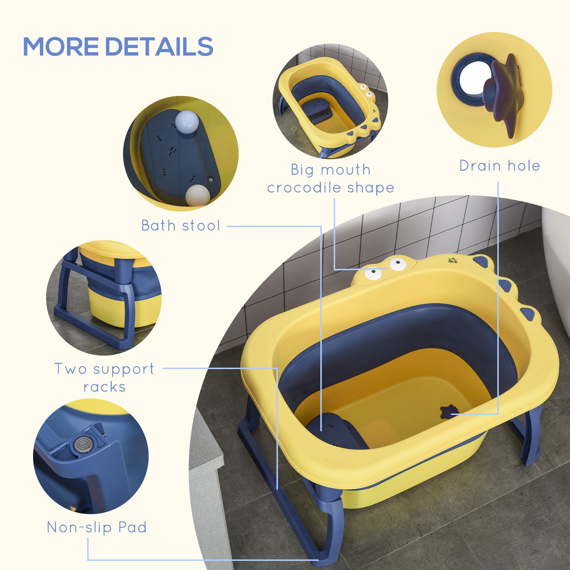 Kozy Baby Bathtub for 0-6 Years Collapsible Non-Slip Portable with Stool Seat for Newborns Infants Toddlers Kids - Yellow