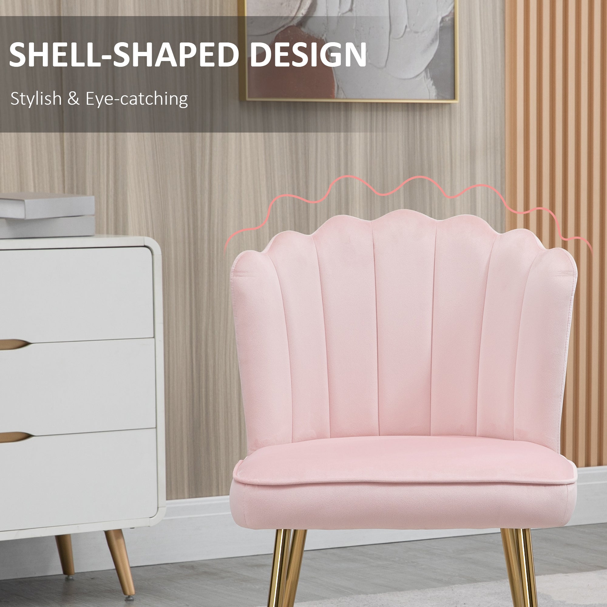 Velvet-Feel Shell Luxe Accent Chair, HOMCOM Glam Vanity Chair Makeup Seat, Home Bedroom Lounge with Metal Legs Comfort Padding, Pink | Aosom UK