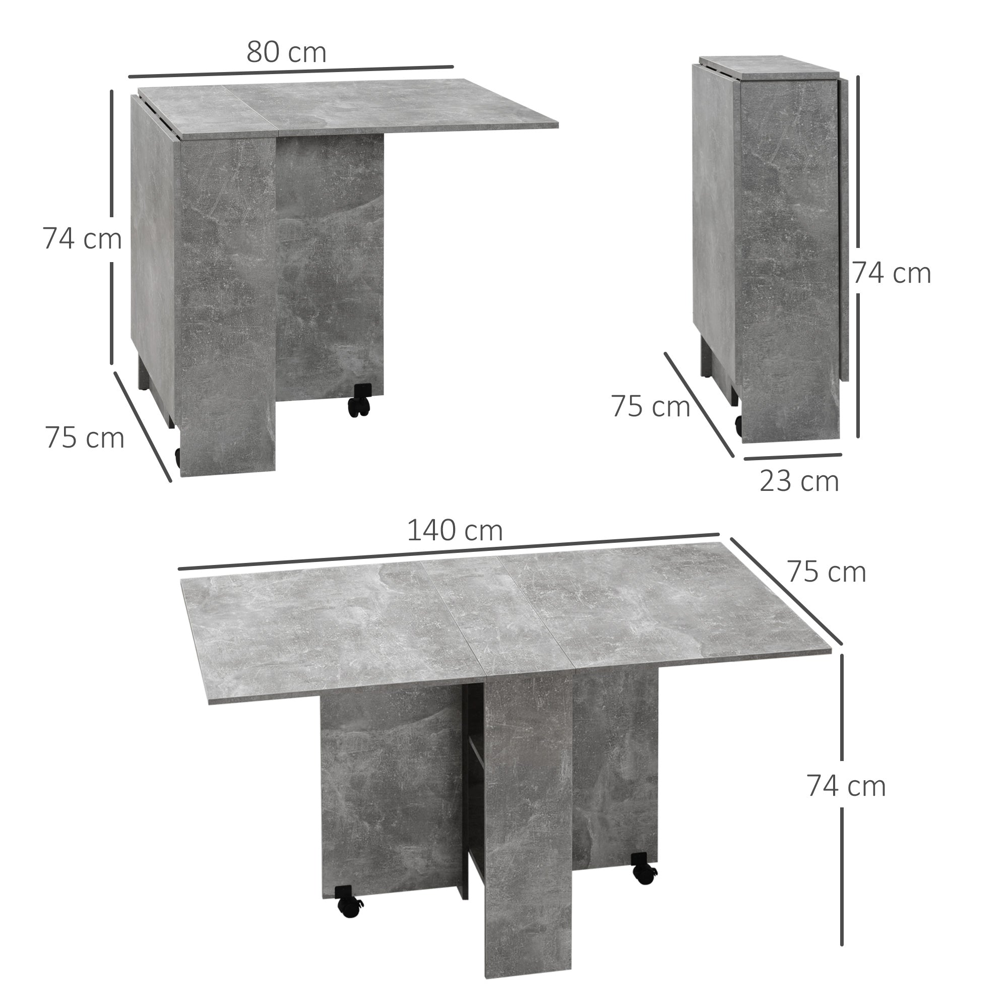 Kozy Folding Dining Table, Drop Leaf Table with 2-Tier Shelves, Rolling Casters, for Small Spaces, Kitchen, Cement Grey