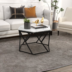 Kozy Hexagonal Coffee Table with High Gloss Marble Effect Table Top, Modern Cocktail Table with Steel Frame for Living Room, White