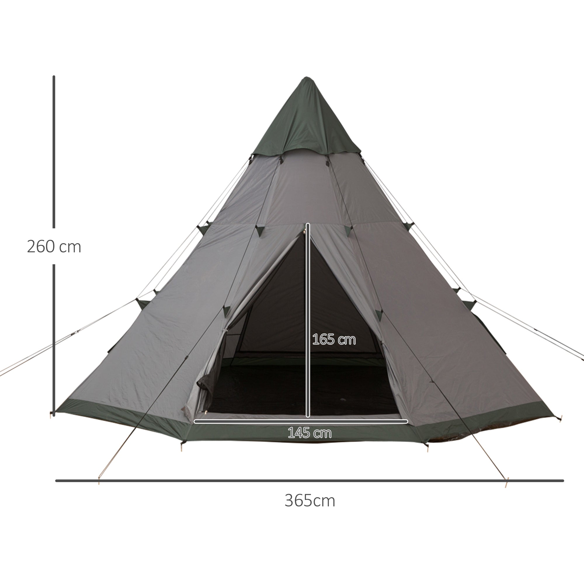 Outsunny 6 Men Tipi Tent, Camping Teepee Family Tent w/ Mesh Windows Zipped Door Carry Bag, Easy Set Up for Hiking Picnics Outdoor Night, Green, Grey