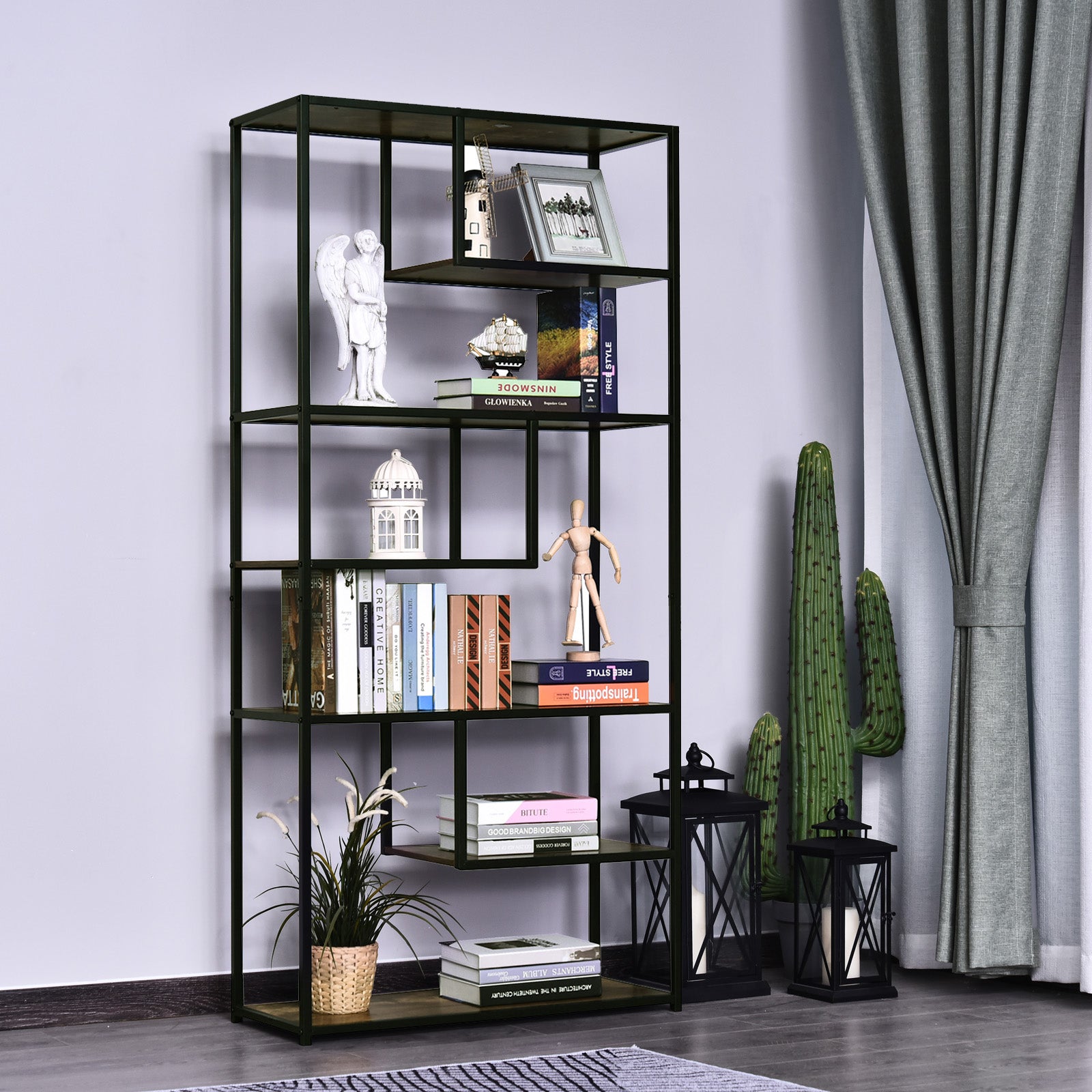 HOMCOM Wood Shelf Bookcase Industrial Style Stand 6-Staggered Shelf Living Room Display Rack Organiser | Aosom UK