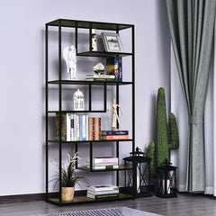 HOMCOM Wood Shelf Bookcase Industrial Style Stand 6-Staggered Shelf Living Room Display Rack Organiser | Aosom UK