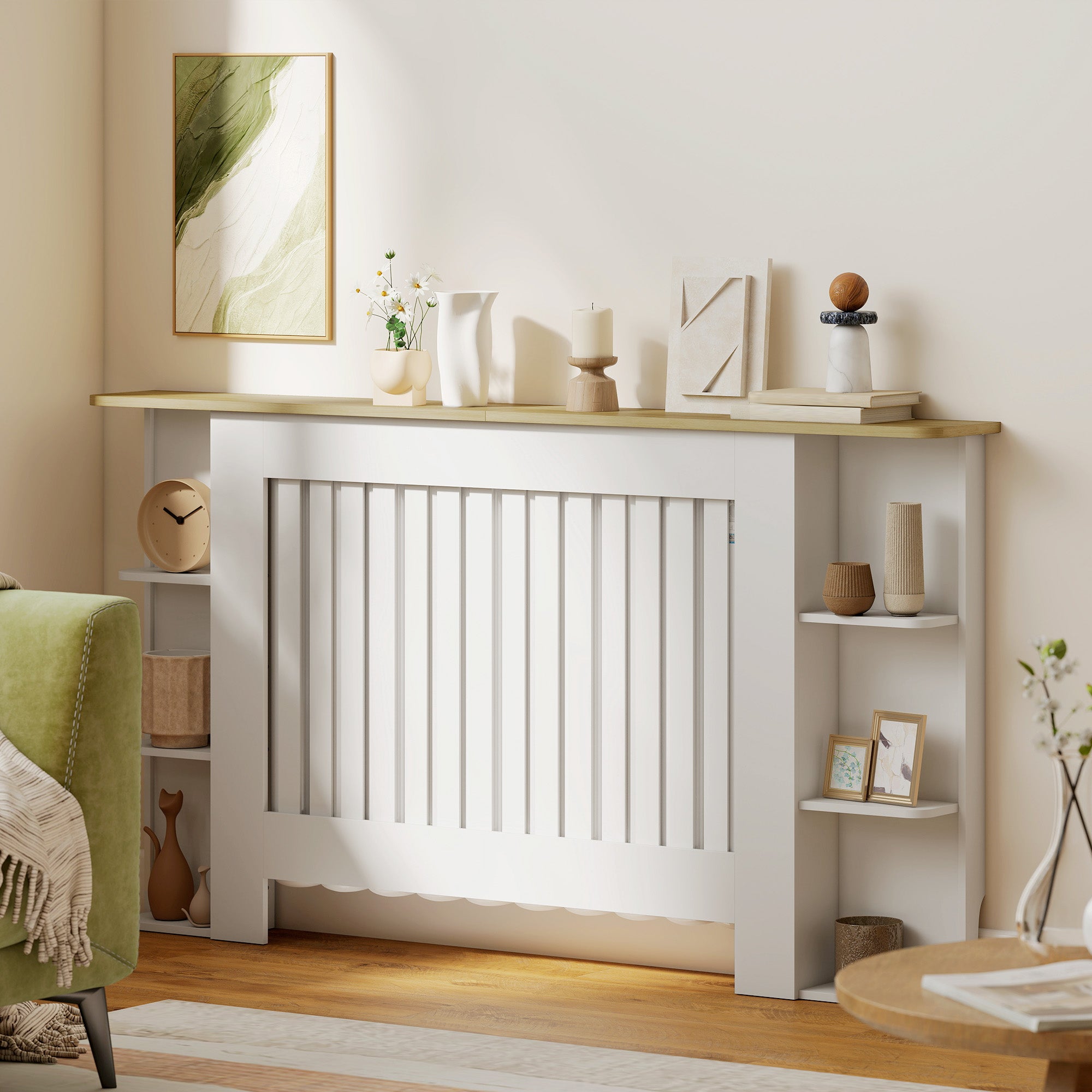 Kozy Radiator Cover with Open Storage Shelves, Vertical Slatted Cabinet Shelf Heater Cover for Living Room, Hallway, Large, White (H: 83 / W: 152 / D: 19 cm)