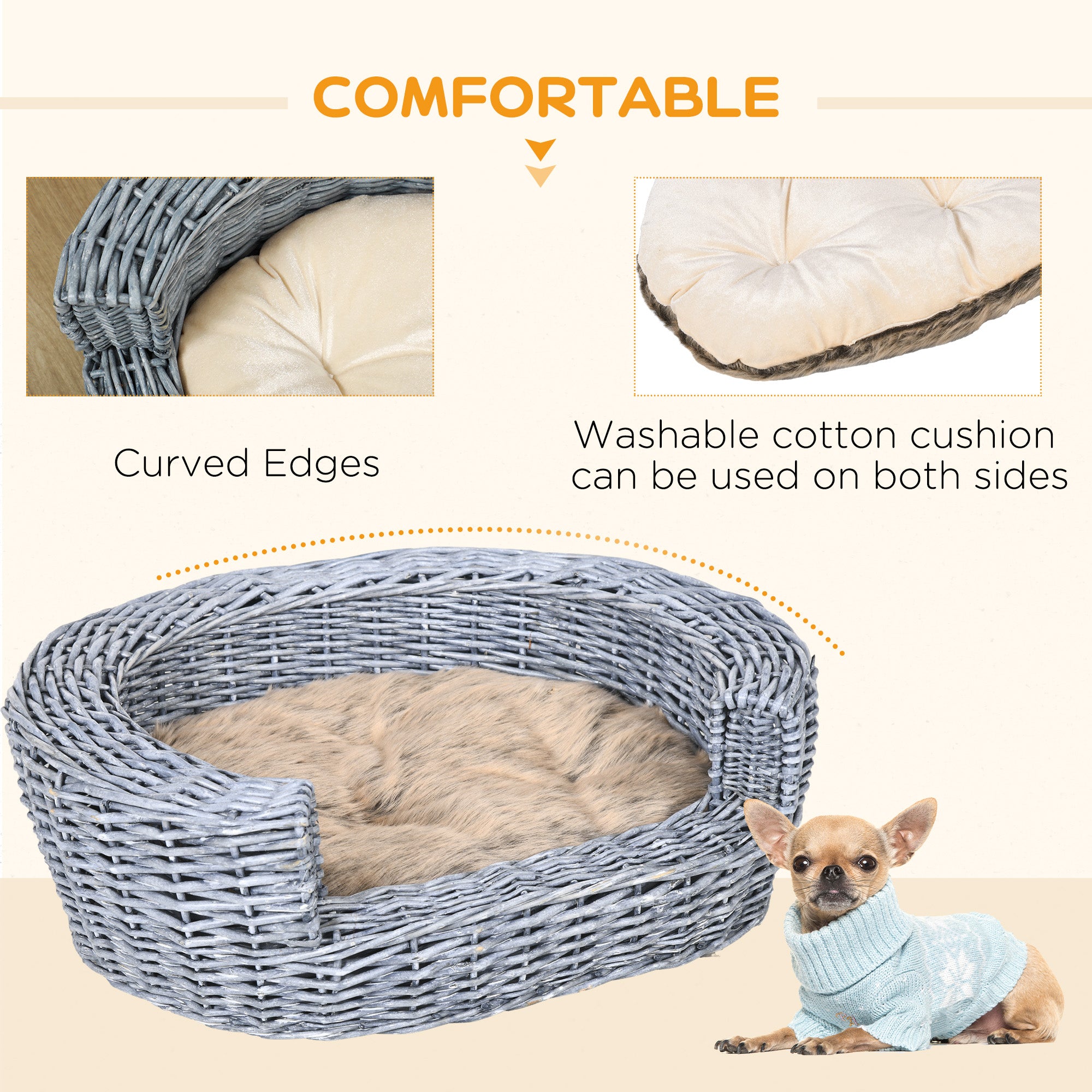 Kozy Wicker Pet Bed Willow Dog Cat Sofa Couch Puppy Basket with Cushion Grey 57L x 46W x 17.5H cm
