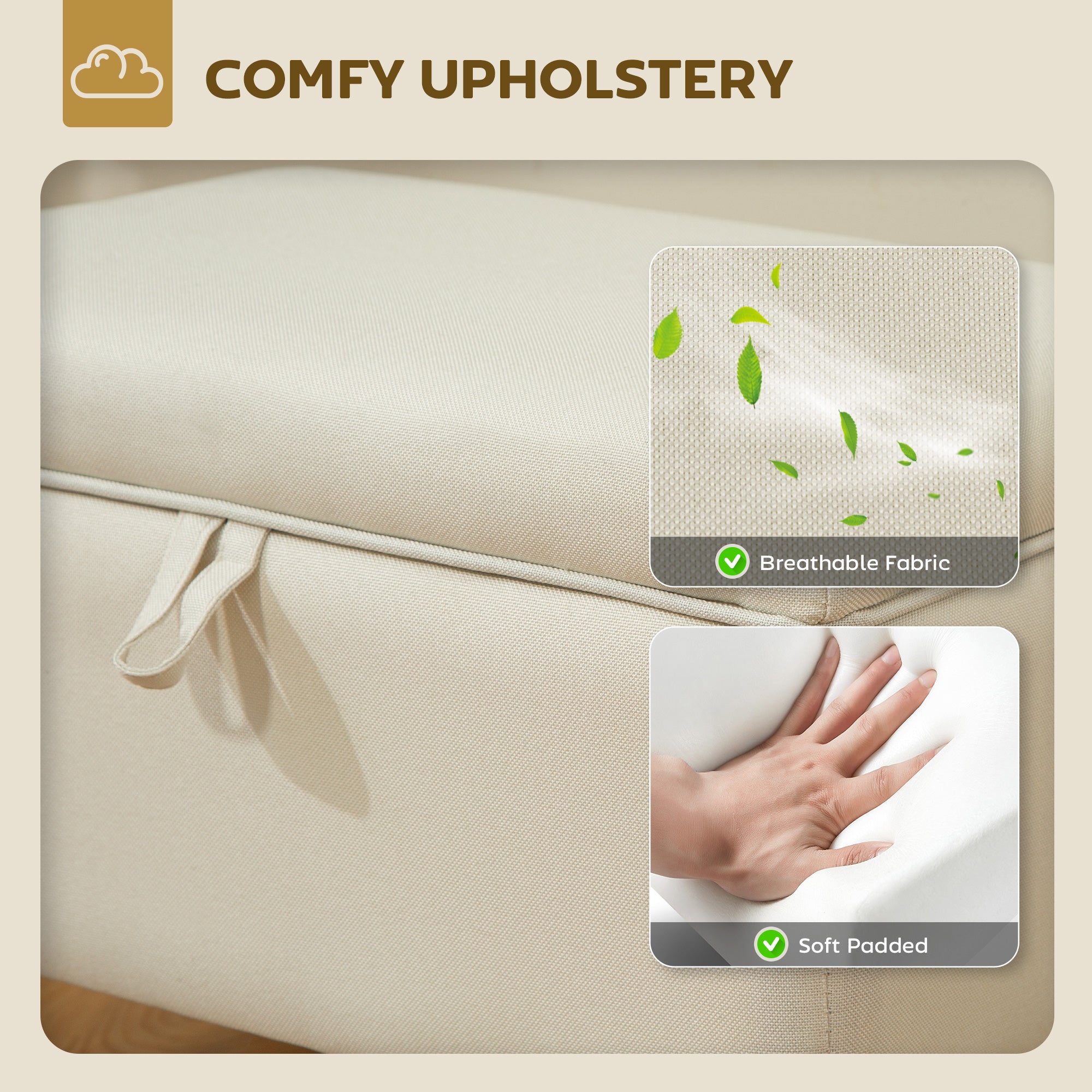 Kozy - 16L Linen Storage Ottoman Padded Footstool with Rubberwood Legs for Storage Box, Bed End, Shoe Bench, Seating, Beige