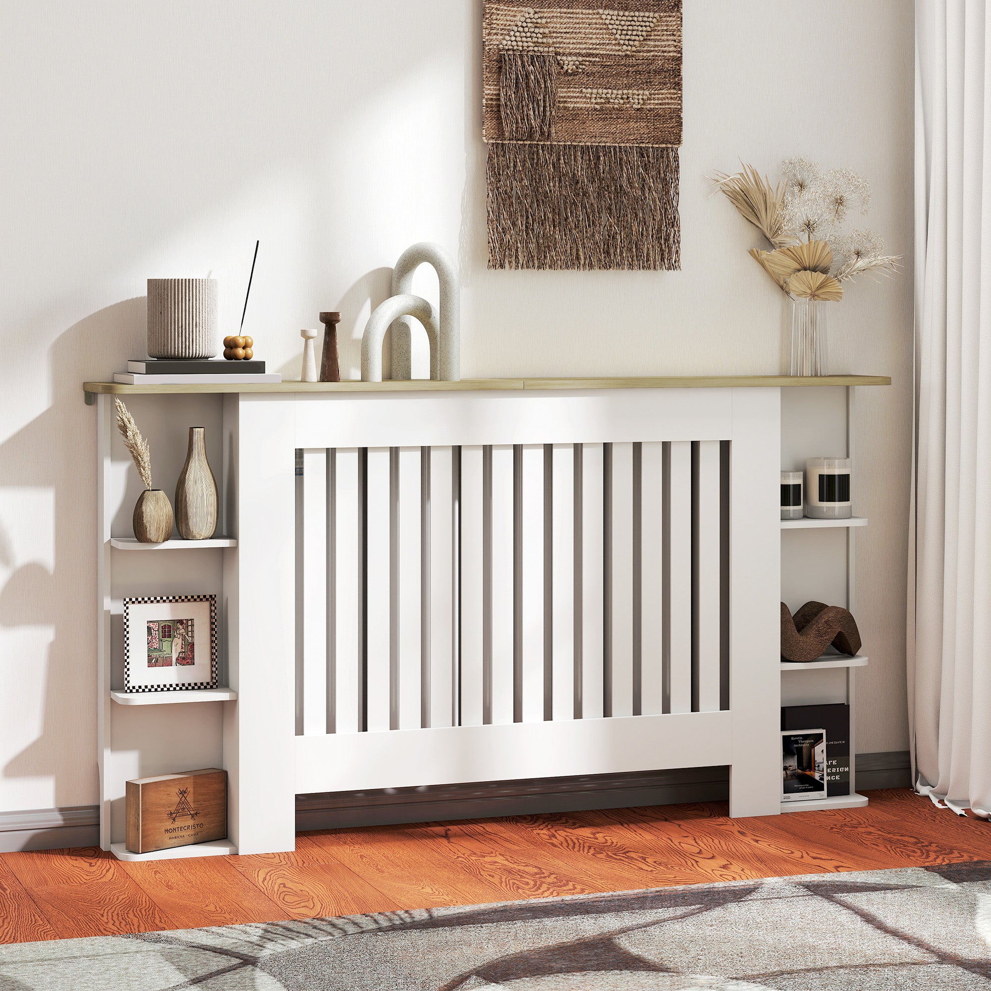 Kozy Radiator Cover with Open Storage Shelves, Vertical Slatted Cabinet Shelf Heater Cover for Living Room, Hallway, Large, White (H: 83 / W: 152 / D: 19 cm)