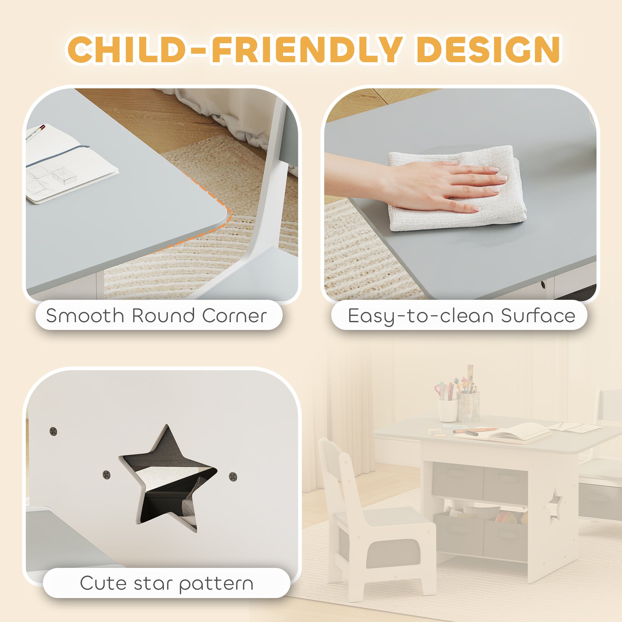 Kozy Kids Table and Chair Set, Toddler Table and 2 Chairs Set with 6 Removable Drawers, for Boys Girls Ages 3-8, Light Grey