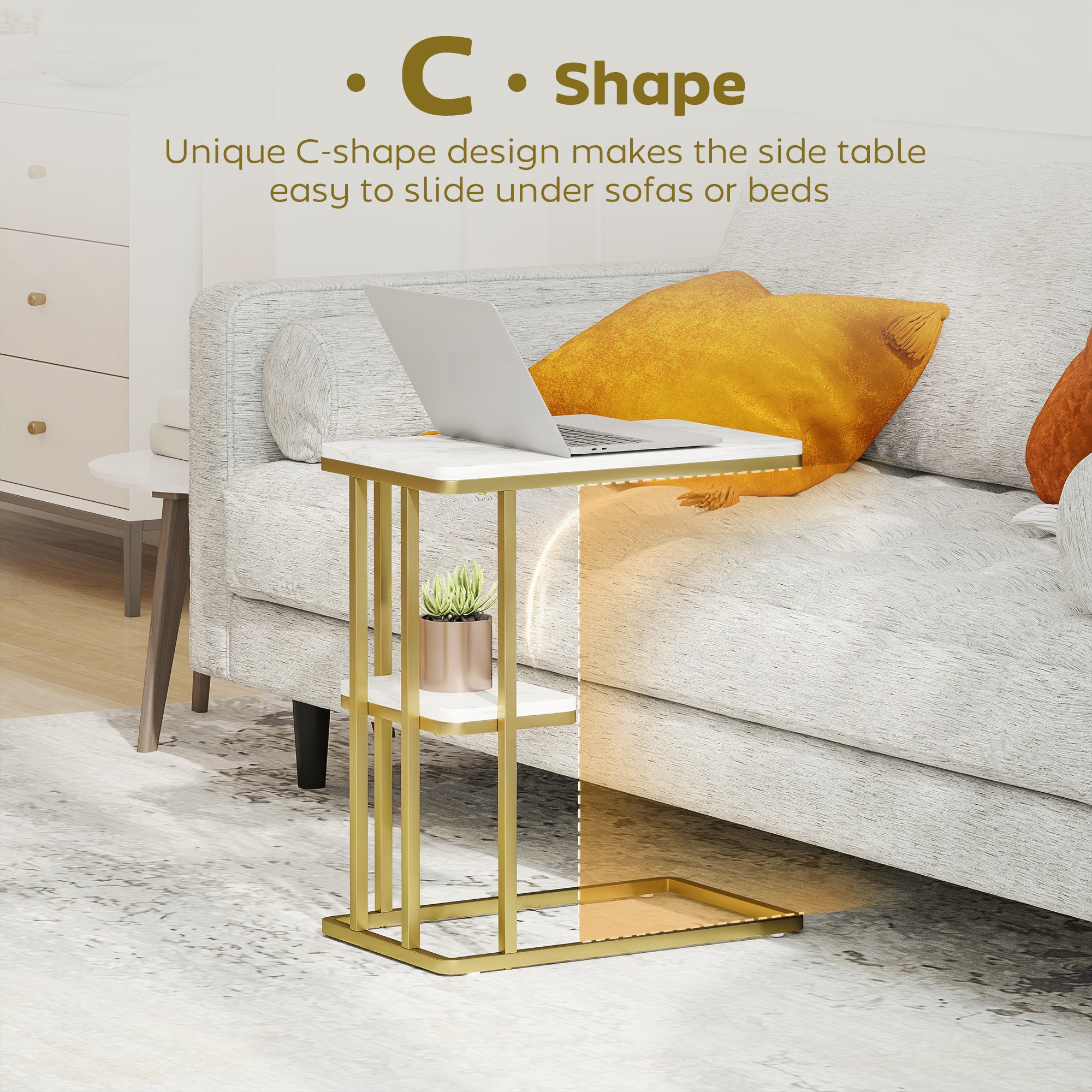 Kozy C-Shaped Narrow Side Table, 2-Tier Slim End Table, Nightstand for Small Spaces, Living Room, Bedroom, White Marble Grain
