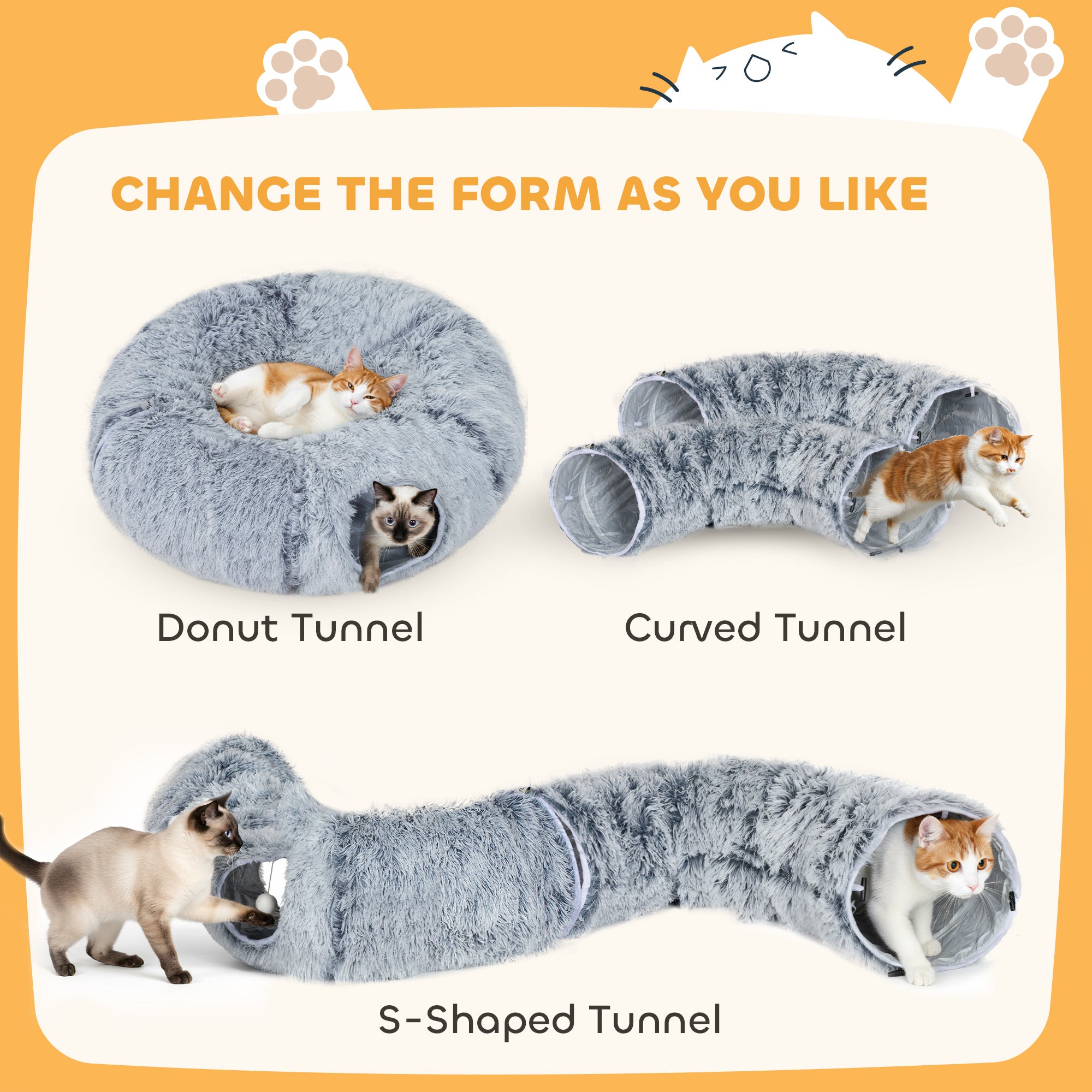 Kozy - 2-in-1 Donut Cat Tunnel with Washable Bed, Play Tunnel Bed with Toy Ball and Door Hole for Indoor Cats, Light Grey