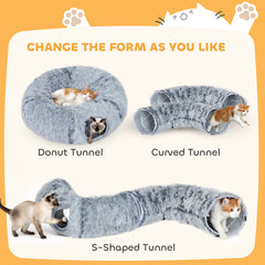 Kozy - 2-in-1 Donut Cat Tunnel with Washable Bed, Play Tunnel Bed with Toy Ball and Door Hole for Indoor Cats, Light Grey
