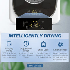 Kozy 4kg Vented Tumble Dryer, 800W Compact Freestanding Front Tumble Dryer with 5 Drying Mode, Smart Sensor, Timer and Stainless Steel Tub, Wall-Mounted Portable Small Clothes Drying Machine, White