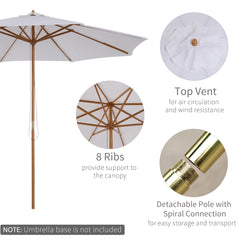 Kozy 3(m) Garden Parasol, Pulley Operated Patio Umbrella, Wooden Table Market Umbrella with Rope Pulley Mechanism and 8 Ribs, Cream White