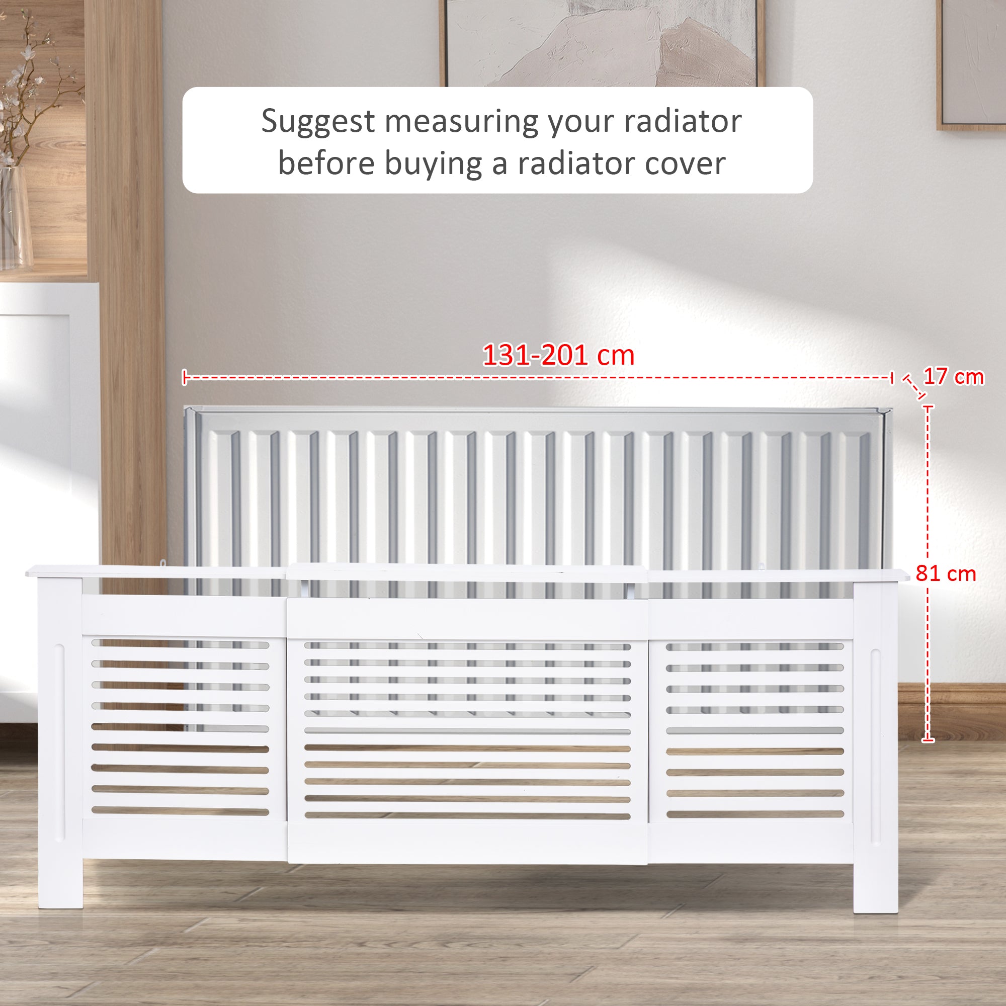 Kozy MDF Extendable Radiator Cover Cabinet Shelving Home Office Slatted Design White 139-208.5L x 20.5W x 82.5H cm